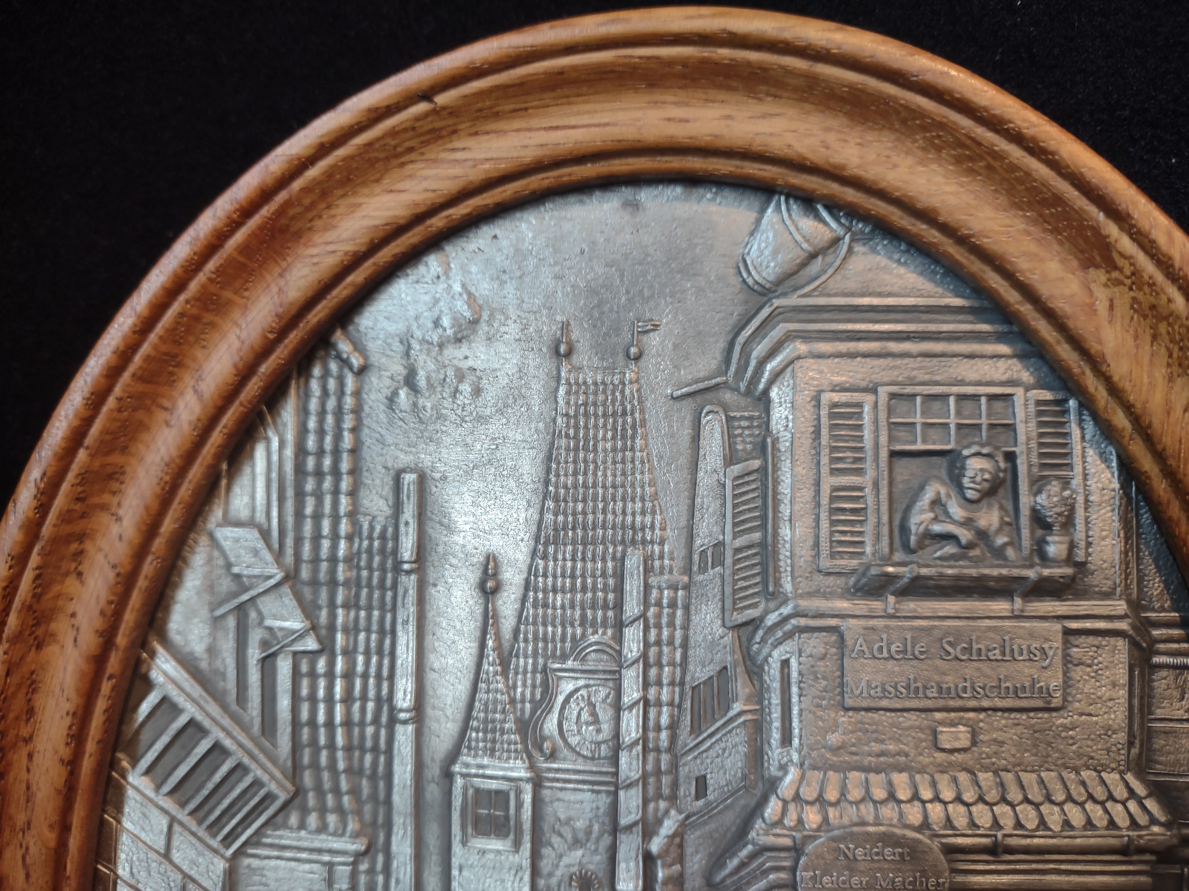 Vintage 3-D Scene German Town Frieling Zinn Pewter Wood Picture (lot 2658c)