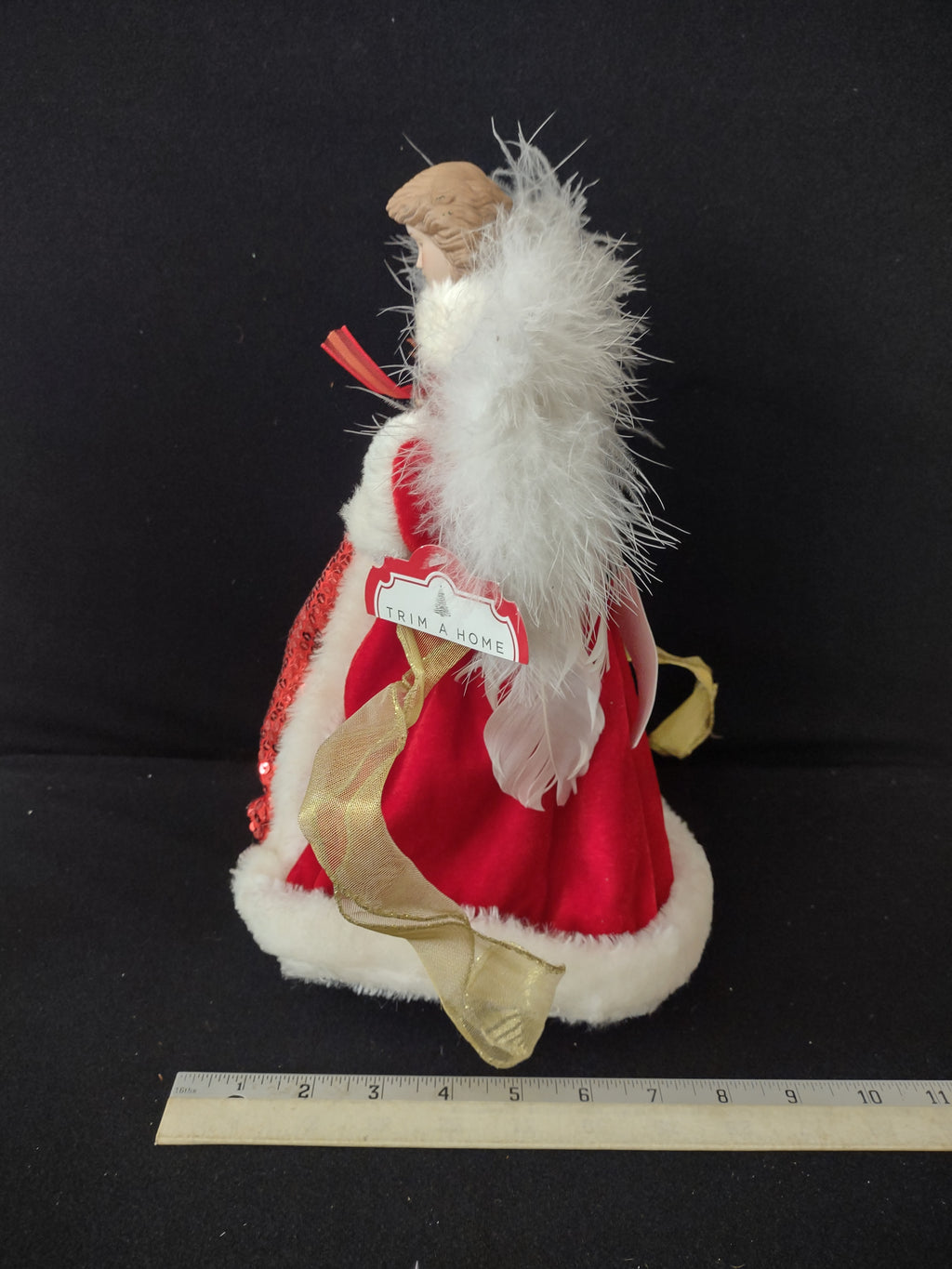 Vintage Christmas Angel Porcelain Head Red Gown Feather Wings (Lot 3731)