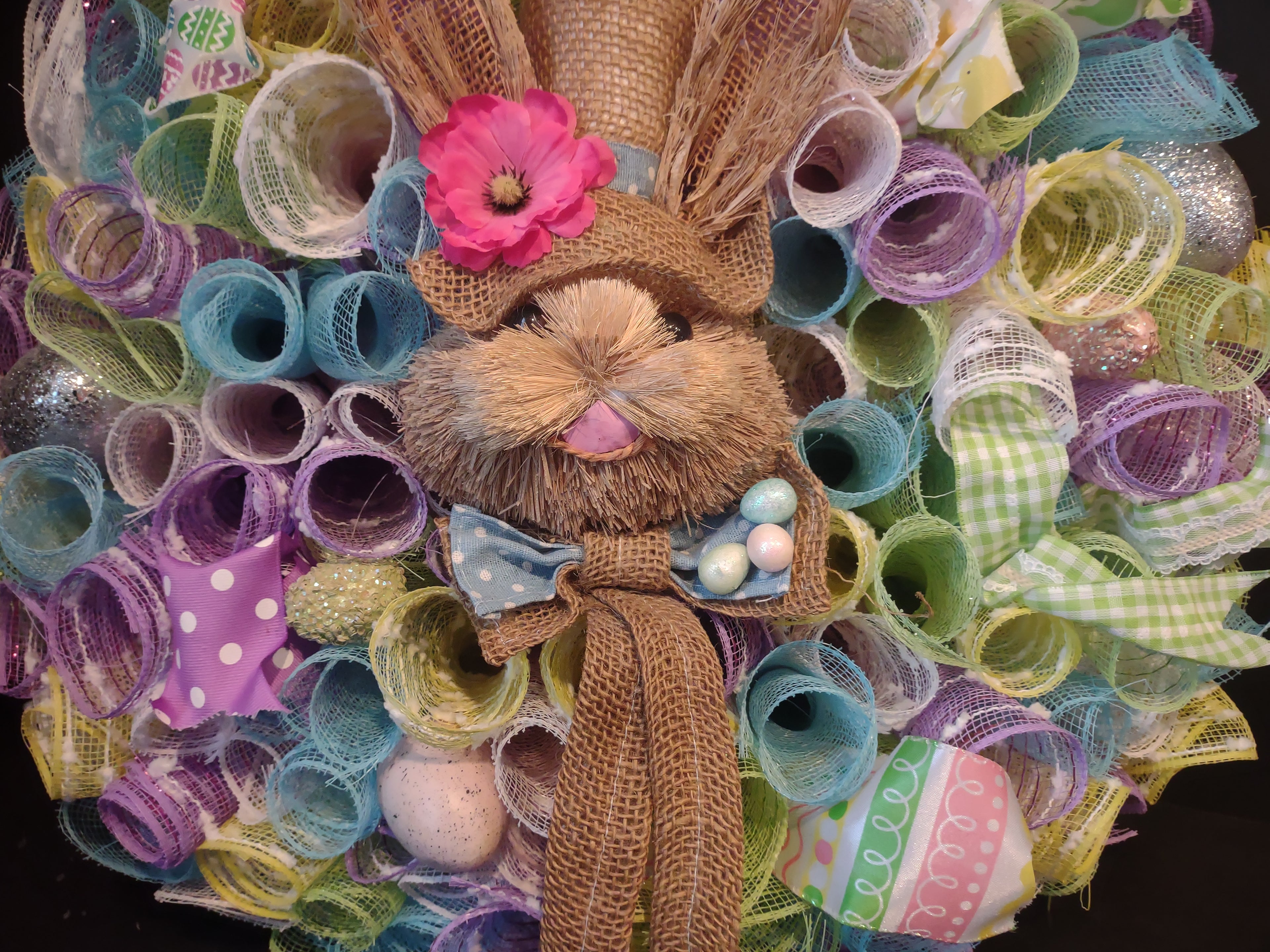 Easter Bunny Spring Mesh Ribbon Wreath Handmade 22" (lot 1400)