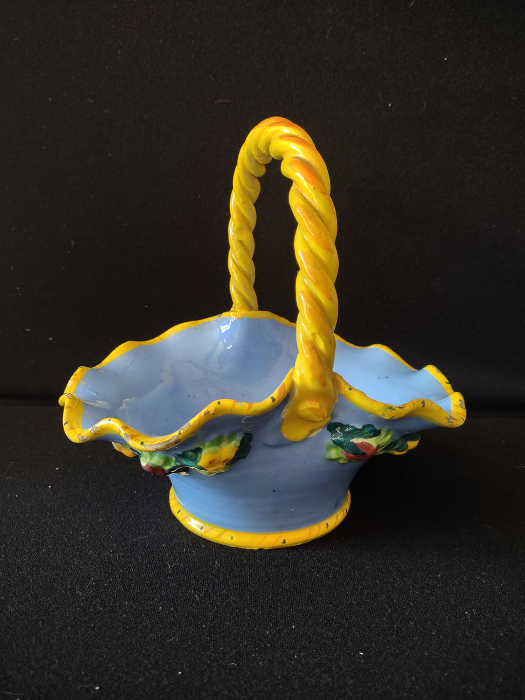 Vintage Ceramic Basket Blue Yellow Fruit Italy IMPERFECT (lot 5524)