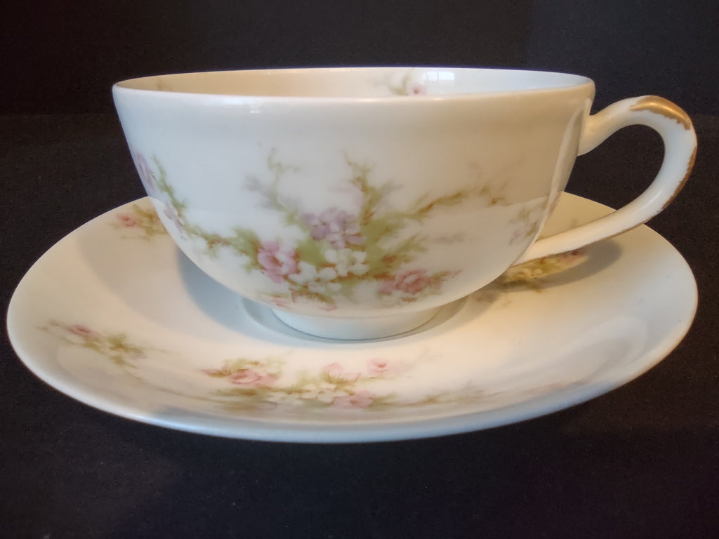 Haviland Limoges Tea Cup & Saucer Rose White Purple Flower Moss (lot 901)