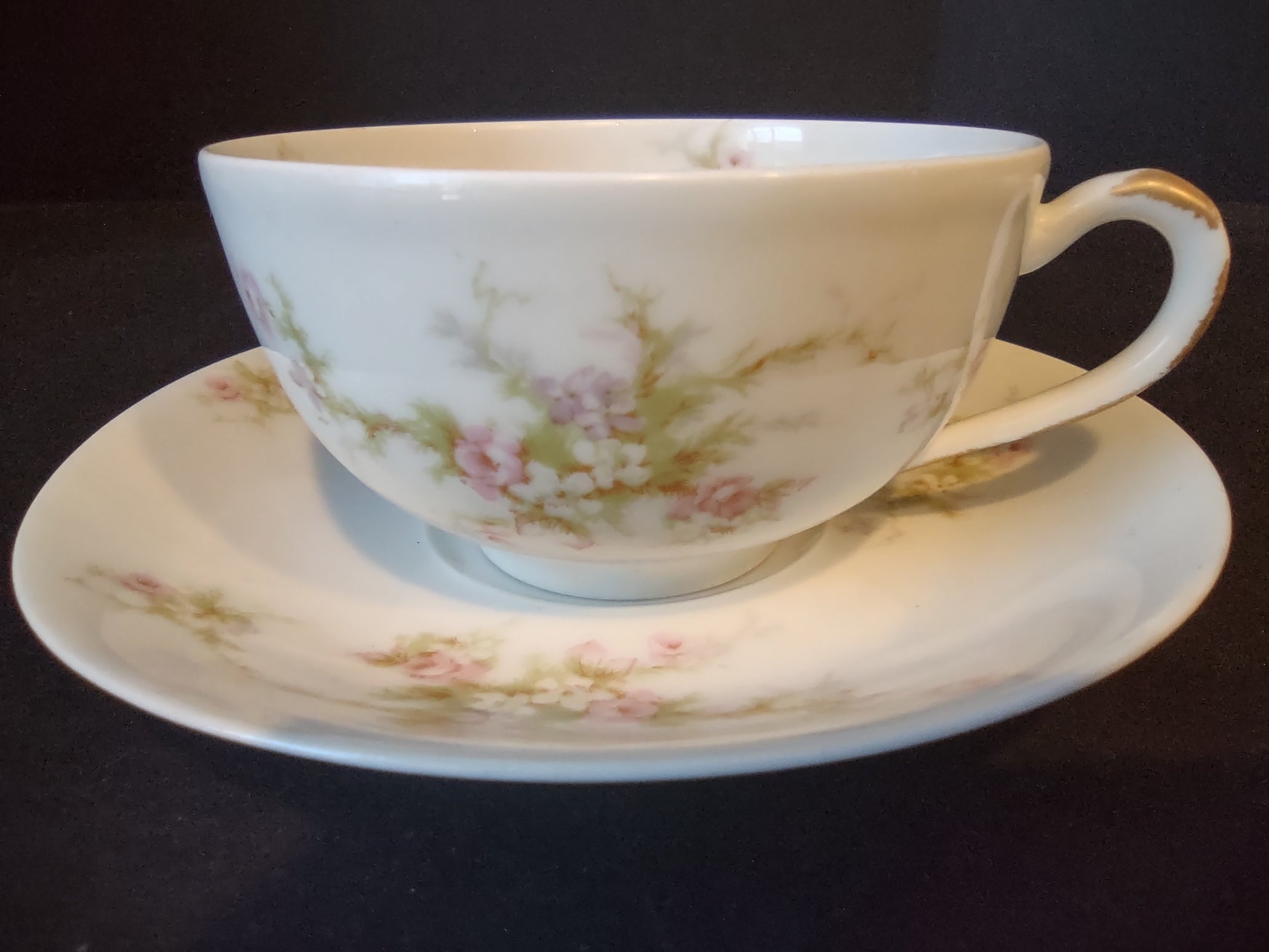 Haviland Limoges Tea Cup & Saucer Rose White Purple Flower Moss (lot 901)