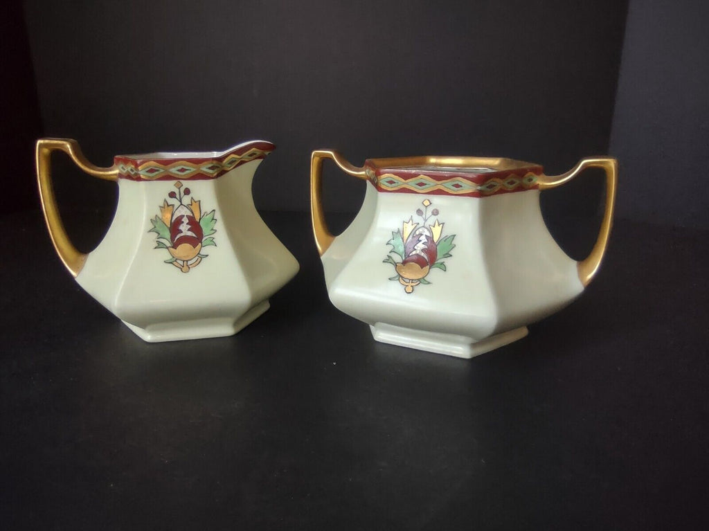 Limoges France Green Red Heavy Thick Gold Trim Sugar Dish Creamer Set (lot 712)