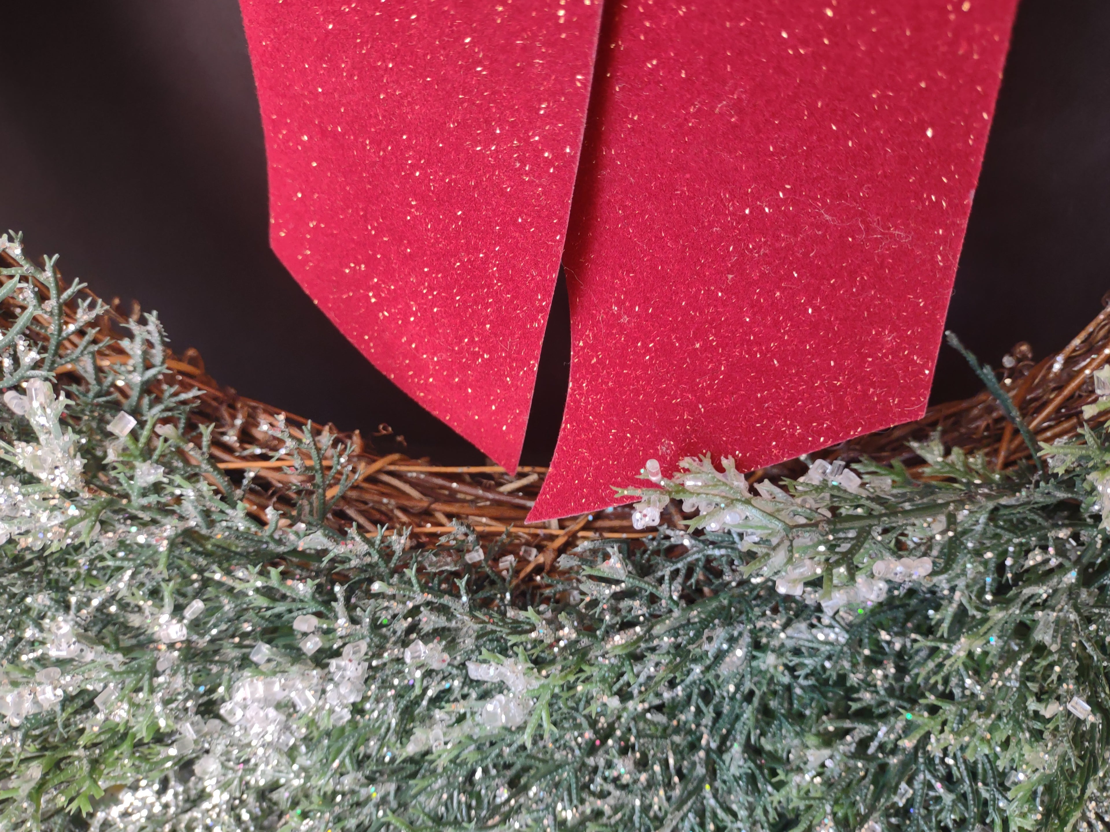 Vintage Christmas Iced Glitter Sparkly Front Door Wreath Red Bow 20" (lot 1176)