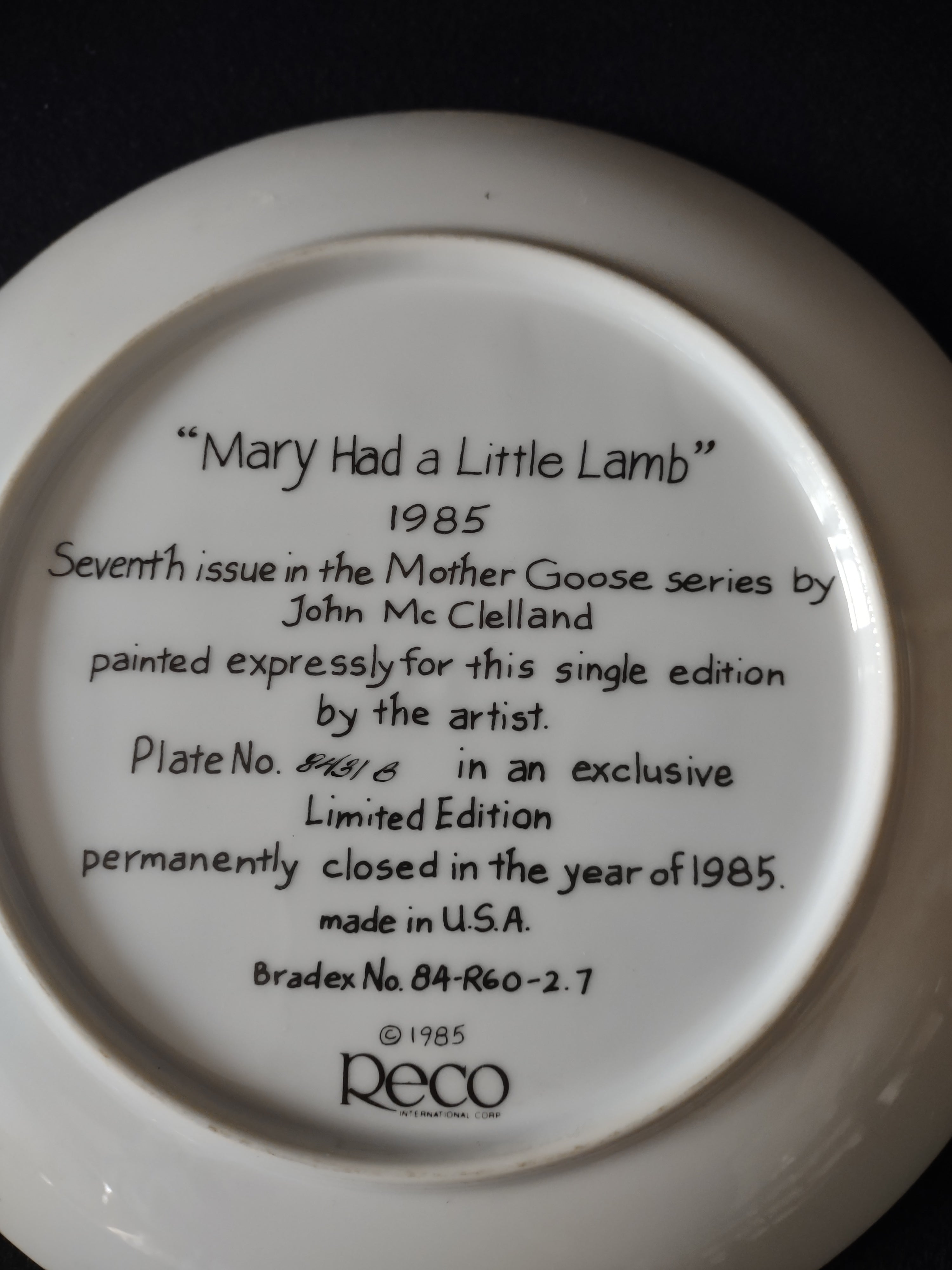 Vintage Mother Goose Collector Plate 7th Issue Mary Had A Little Lamb (Lot 5118