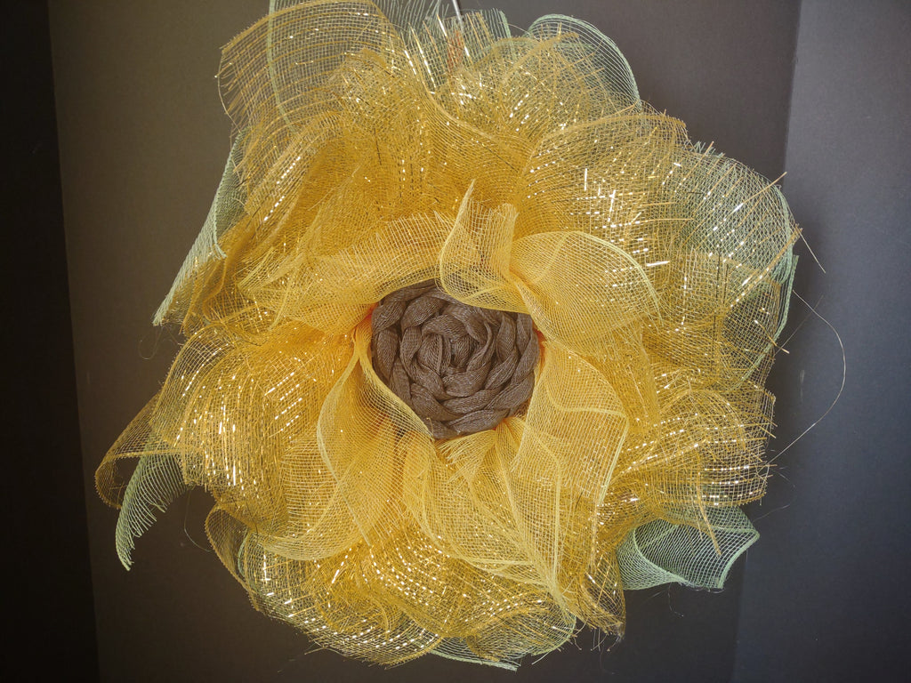 Handmade Spring Summer Sunflower Wreath Mesh Ribbon Yellow 18" (lot 1479)