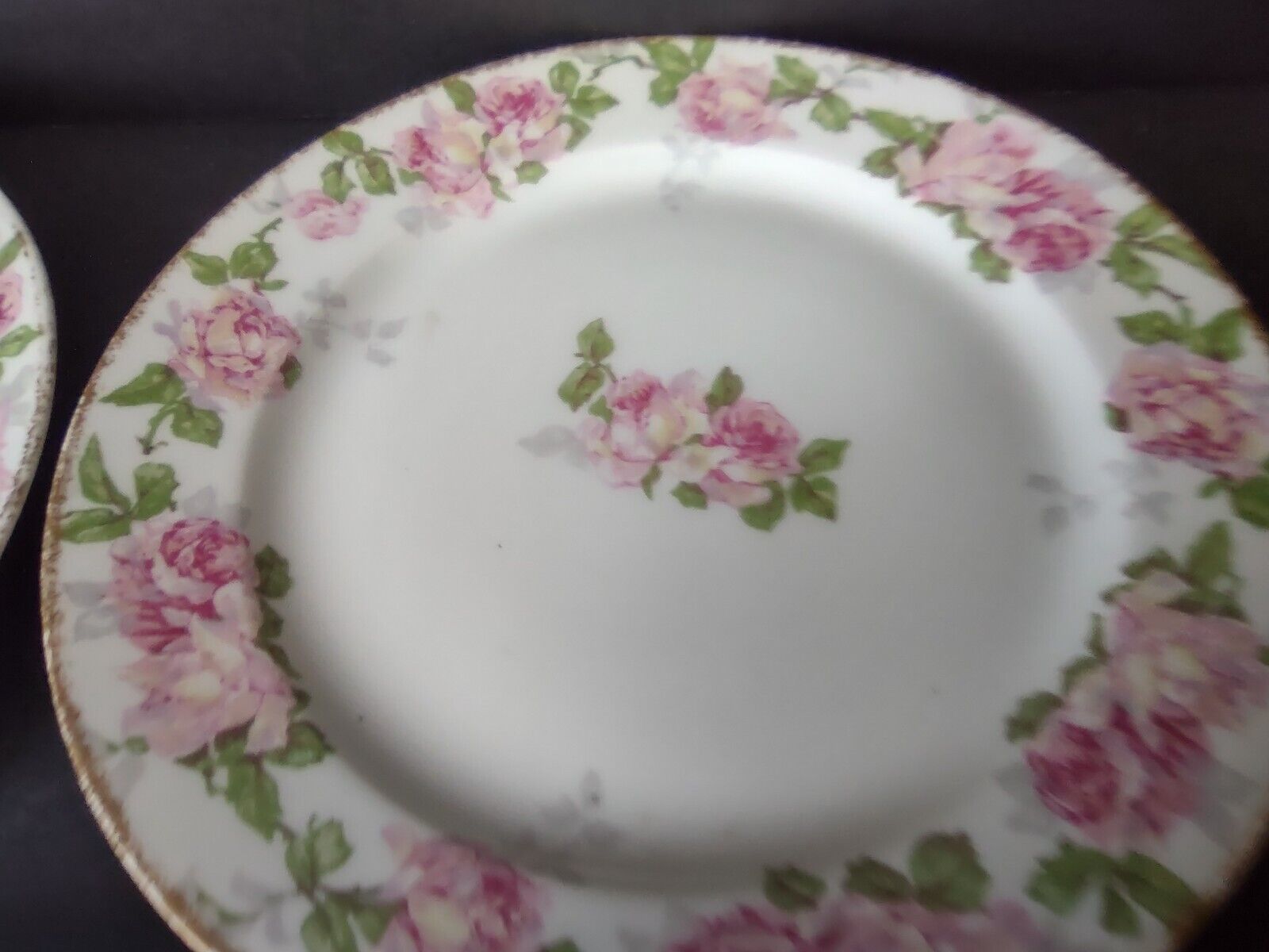 5 x PL Redon Limoges France Large Rose Dessert Plate Gold Trim 7-3/8" (lot 489)