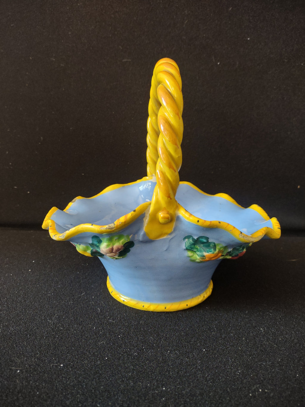 Vintage Ceramic Basket Blue Yellow Fruit Italy IMPERFECT (lot 5524)