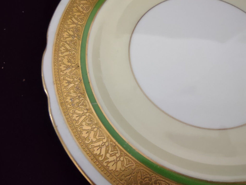 Set 2 Heavy Gold Trim Coronet Dinner Plate Bone China Green Cream (Lot 316)