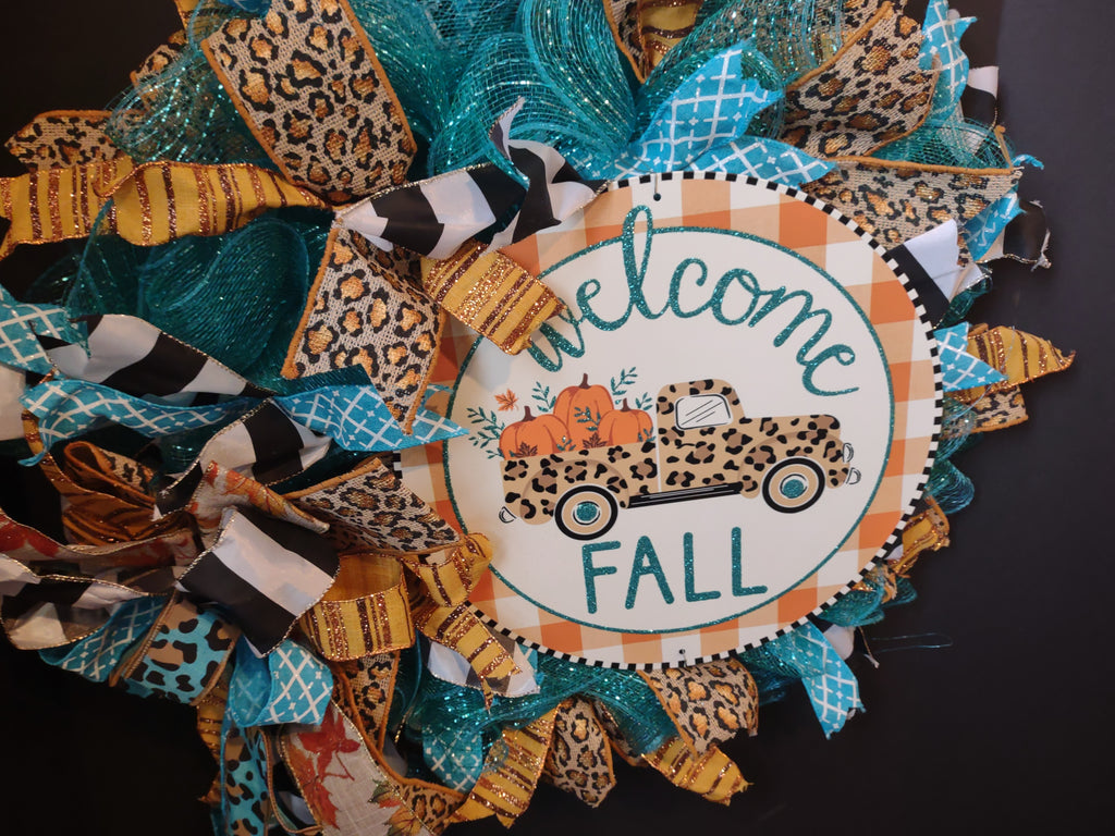 Autumn Fall Front Door Wreath Mesh Ribbon Decor Welcome Truck (lot 1367)