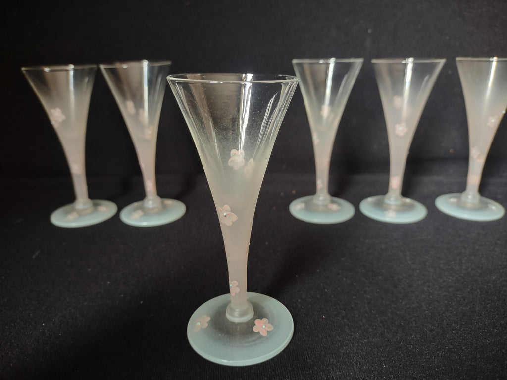 Set 6 Frosted Mini Small Martini Pink Flowers Hand Painted Vintage MCM (lot 2742