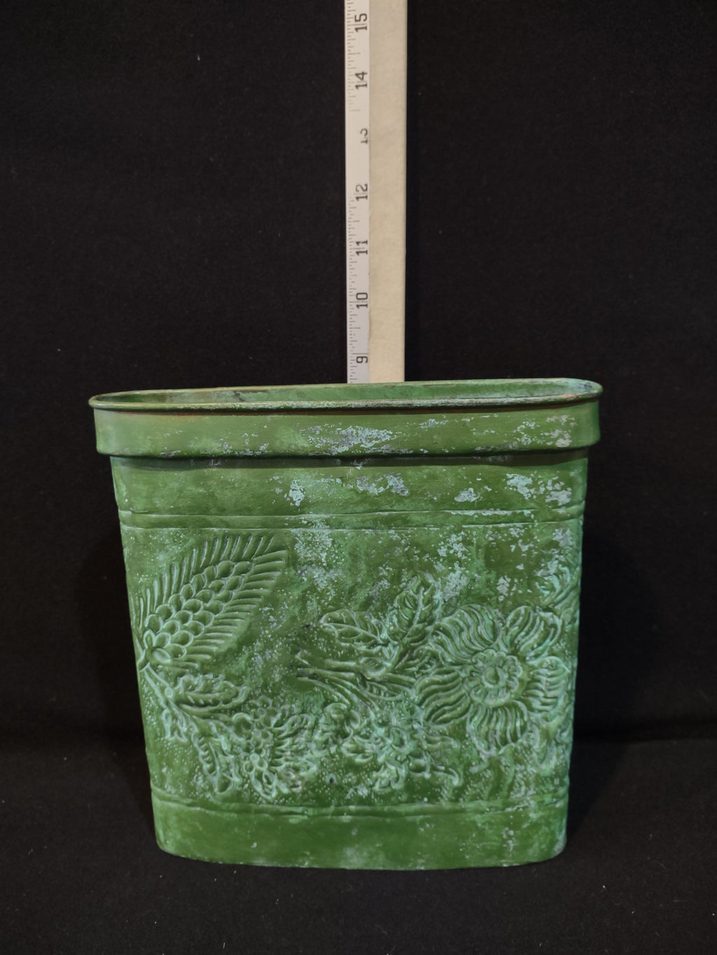 Vintage Rectangular Metal Planter Green Finish Embossed Floral India (Lot 5335)