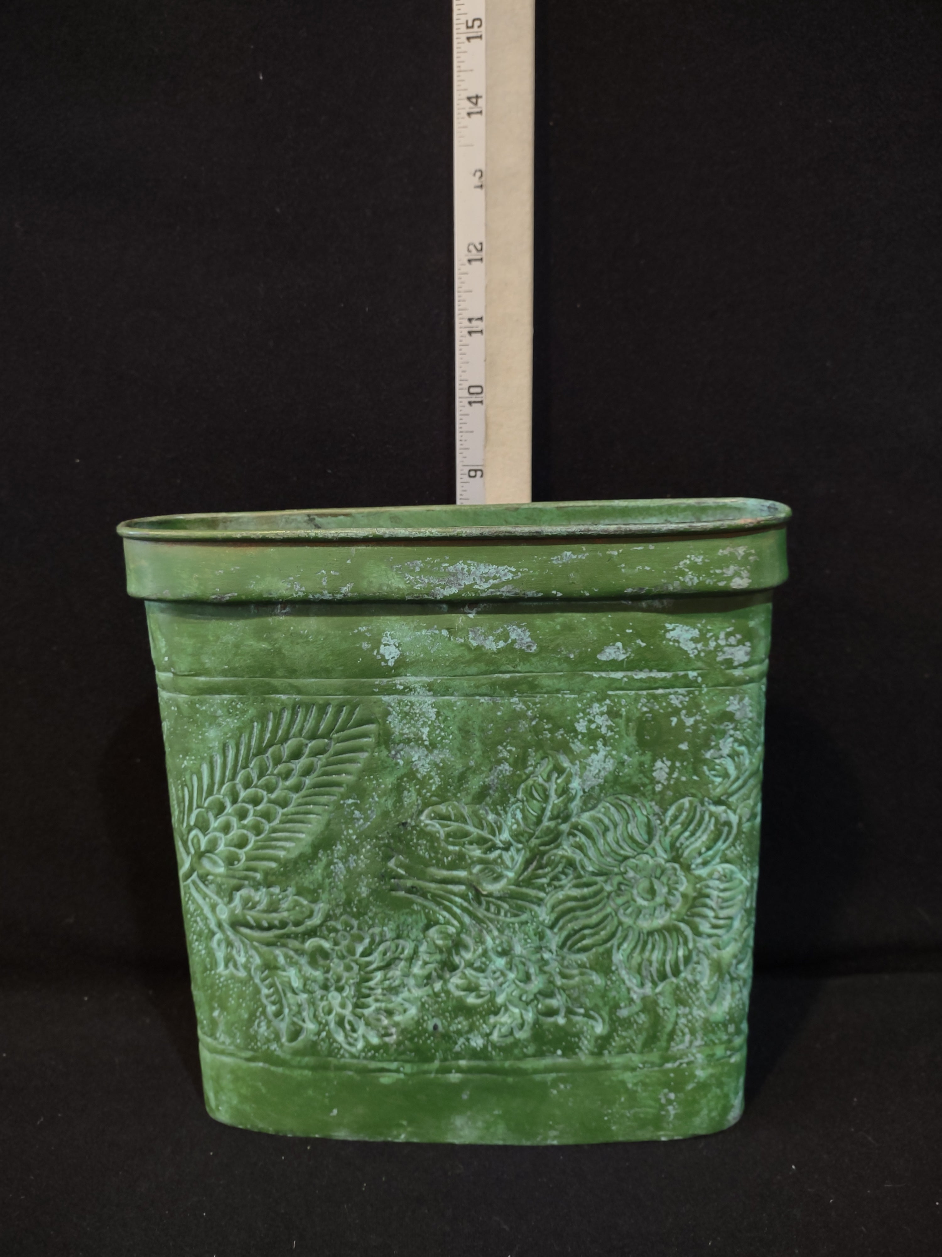 Vintage Rectangular Metal Planter Green Finish Embossed Floral India (Lot 5335)