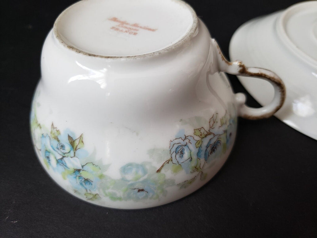 Haviland Limoges France Teacup & Saucer Blue Rose IMPERFECT (lot 618)