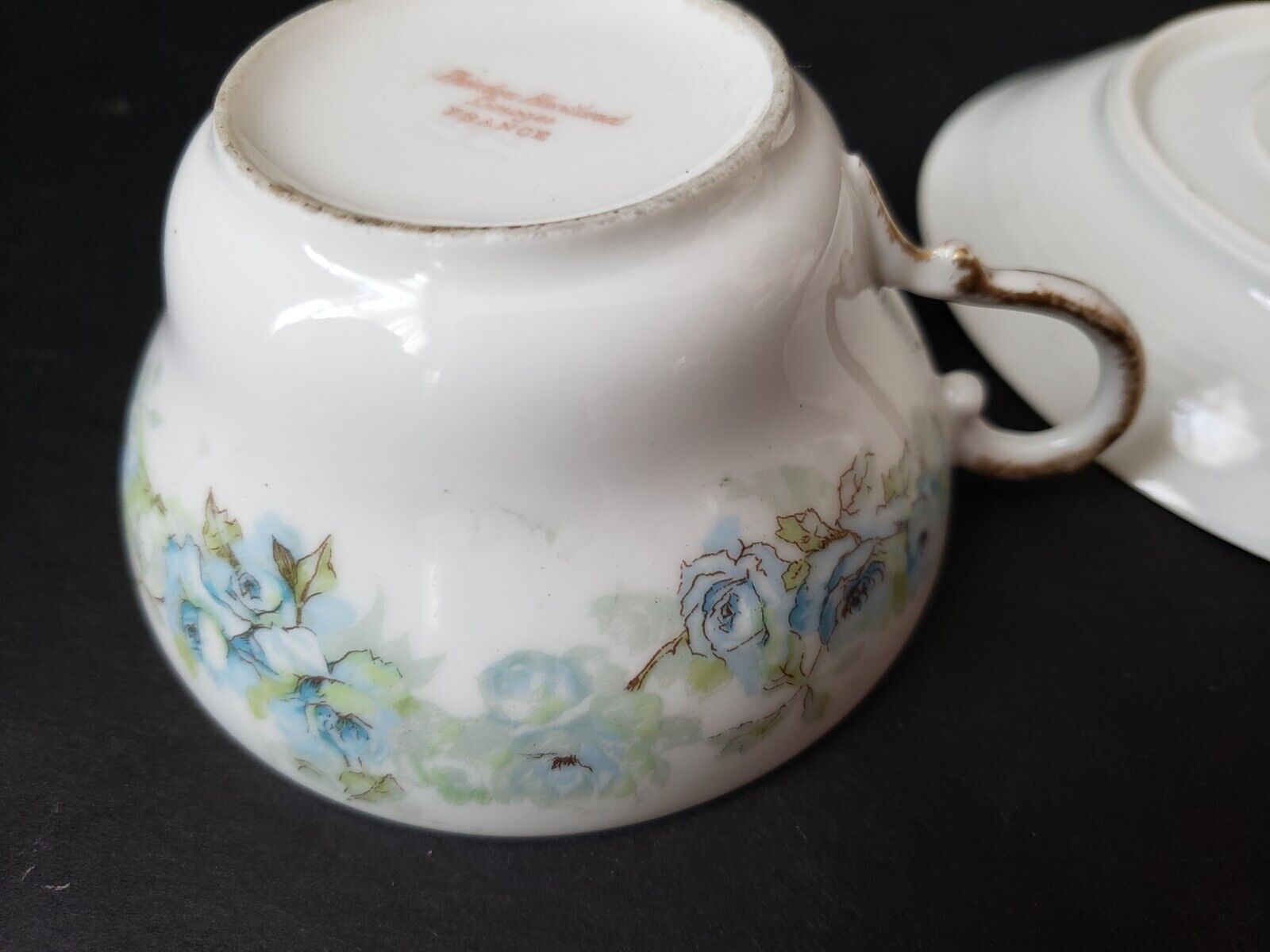 Haviland Limoges France Teacup & Saucer Blue Rose IMPERFECT (lot 618)