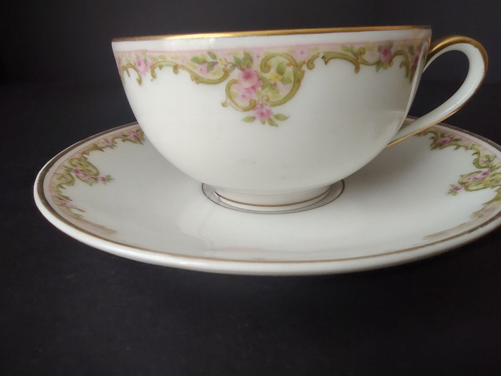 Haviland Limoges Gold Green & Pink Rose Garland Trim Teacup & Saucer (lot 686)