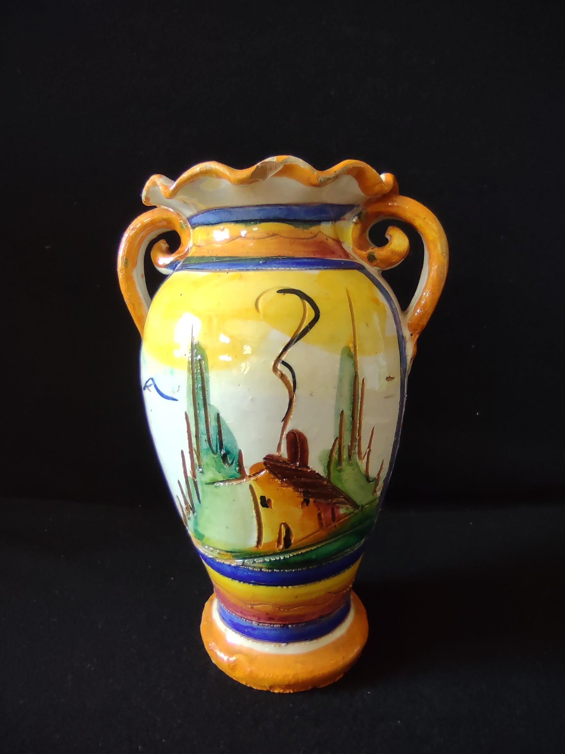 Vintage Ceramic Italy Small 8" Vase Floral Village House (lot 5289)