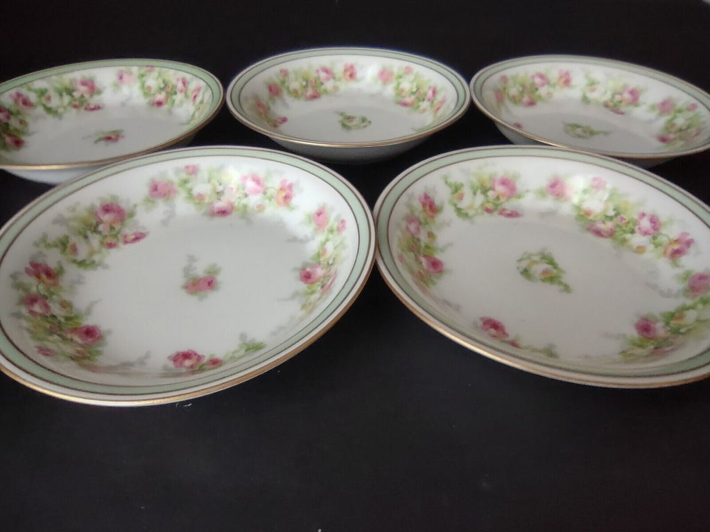 Coronet Limoges France 5 x Bowl 5-1/4" Mint Band Gold Trim Pink Rose (lot 552)