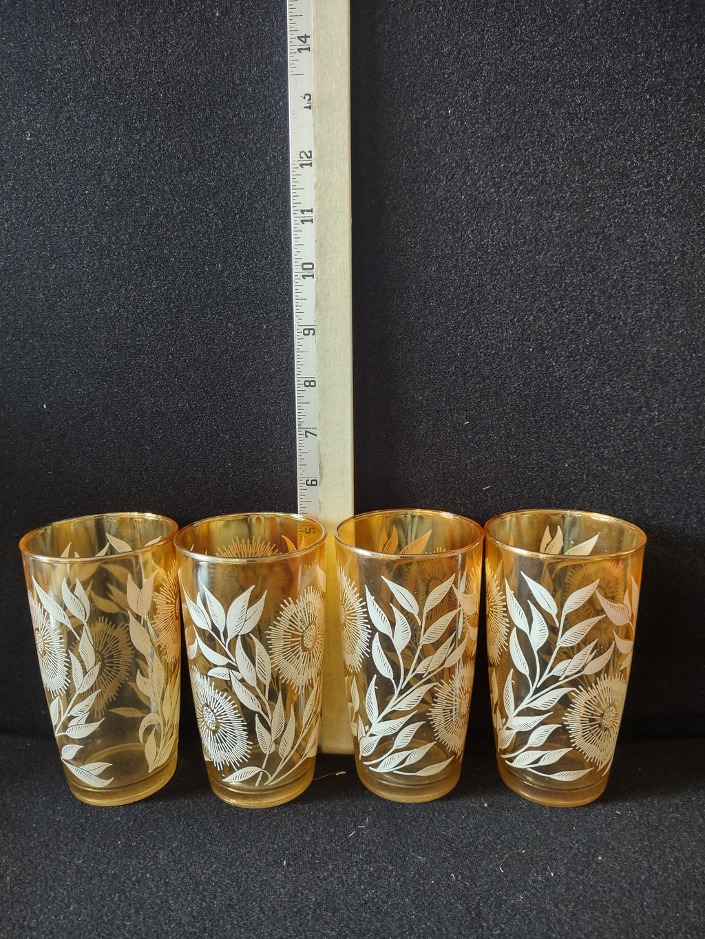 Vintage Jeannette Marigold Carnival Glass Tumblers White Floral x 4 (Lot 5125)