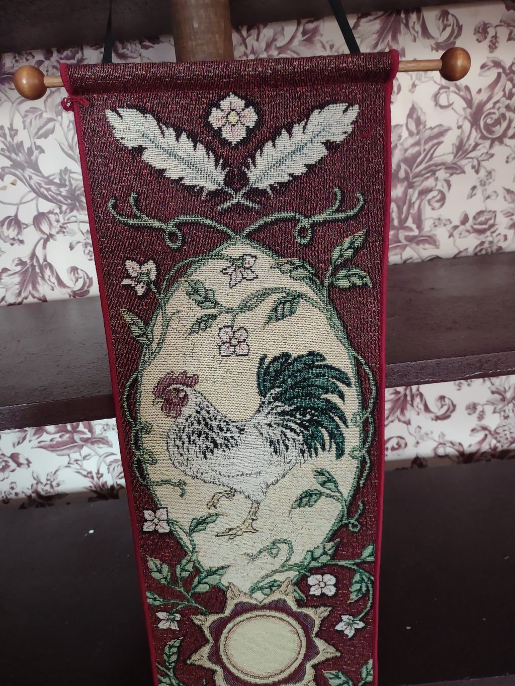 Vintage Rooster Tapestry Fabric Wall Hanging 40" Red Maroon Made USA (lot 3242)