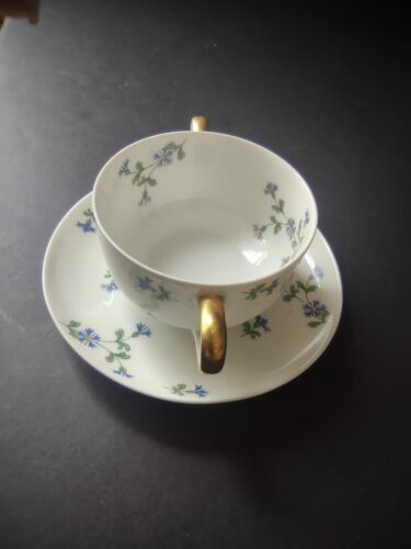 Vintage French Chick GDA Limoges Bouillon Cup & Saucer Blue Flower (lot 764)