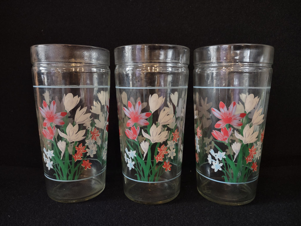 Vintage Anchor Hocking 6" Juice Glass Tumbler x 3 Spring Flower (Lot 5120)