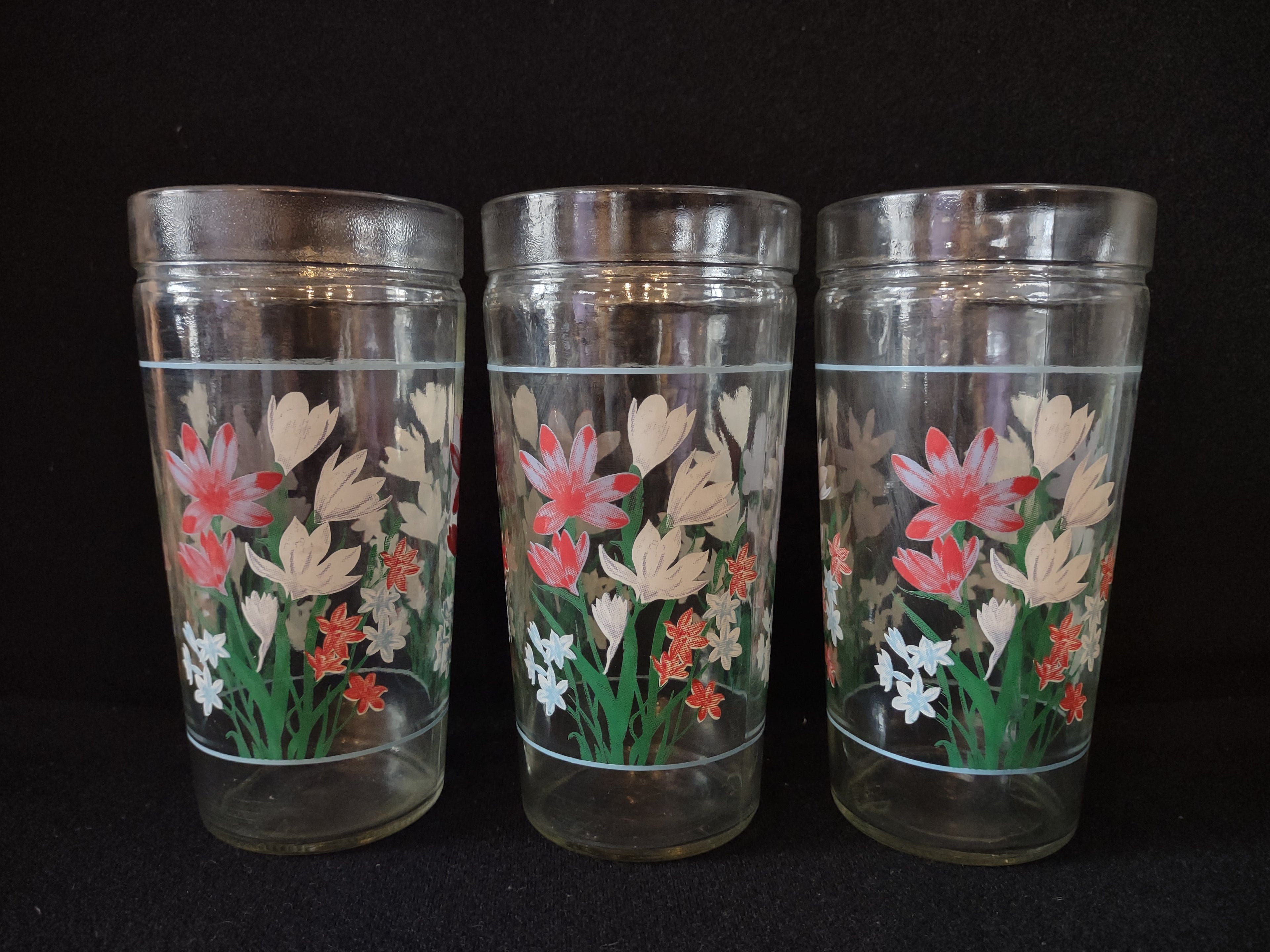 Vintage Anchor Hocking 6" Juice Glass Tumbler x 3 Spring Flower (Lot 5120)