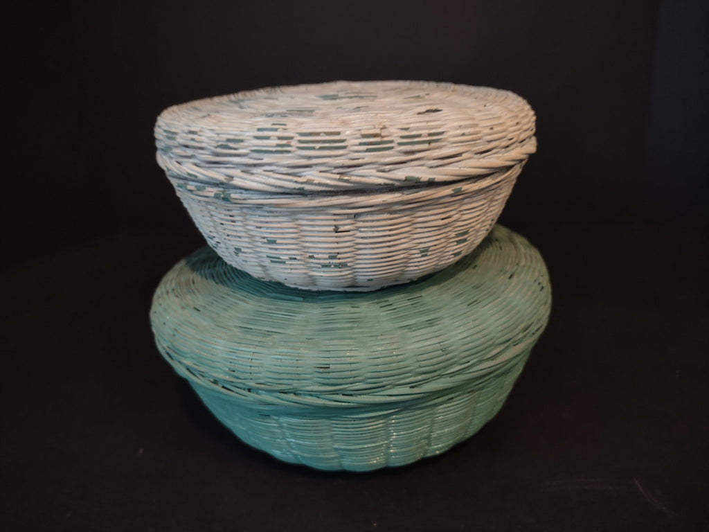 2 x Vintage Wicker Basket Painted Turquoise White Lids Rustic Primitive (1146)