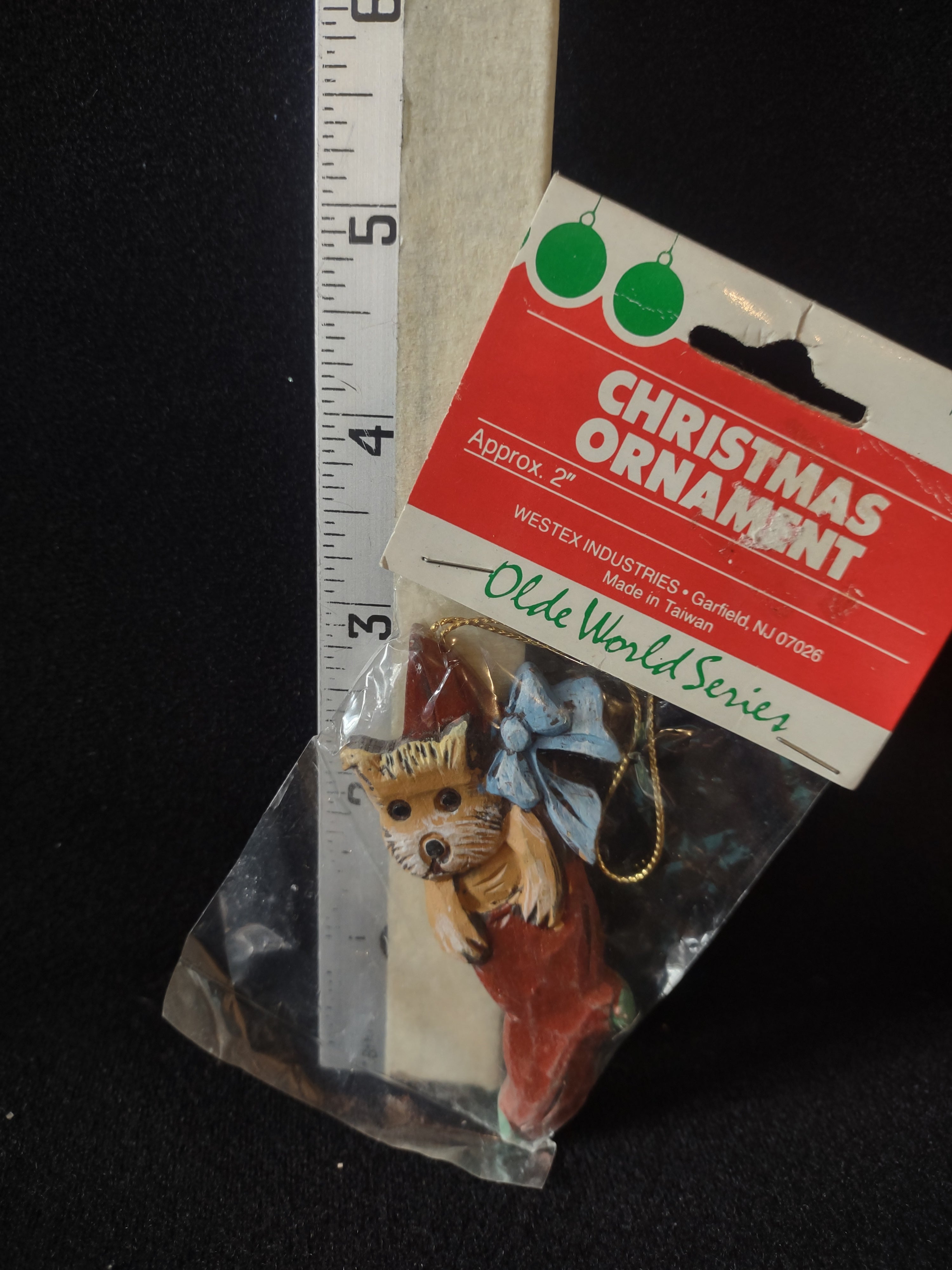 Vintage Westex Christmas Ornaments Dog Stocking Blue Bow Set Of 2 (Lot 4683)