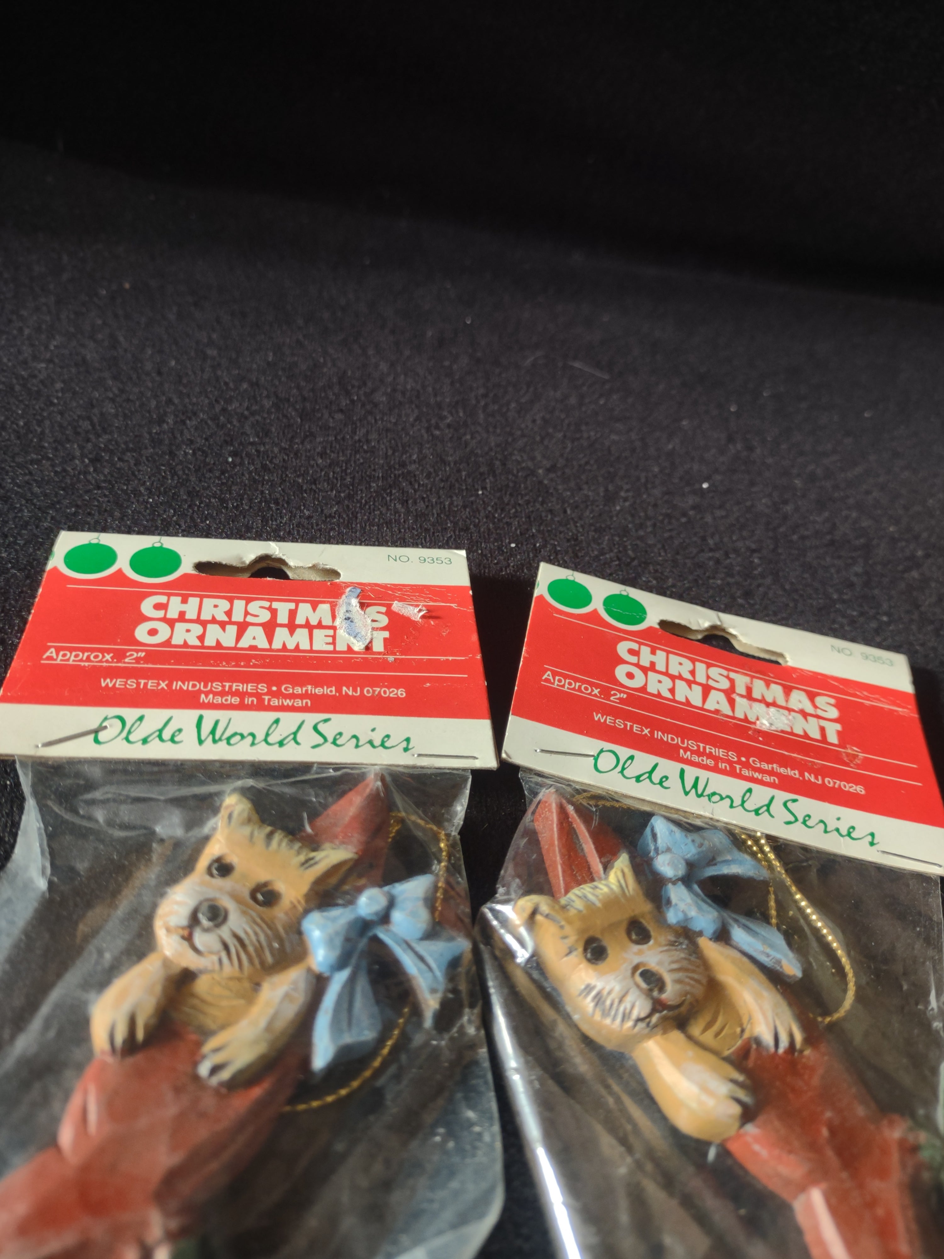 Vintage Westex Christmas Ornaments Dog Stocking Blue Bow Set Of 2 (Lot 4683)