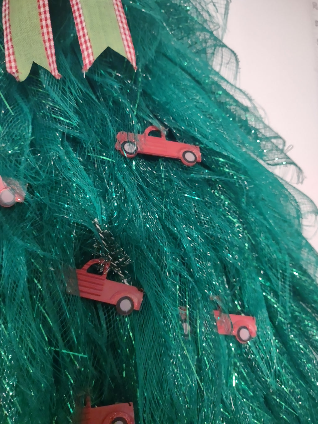 Handmade Ribbon Green Christmas Tree w/ Red Truck Flat Hang on Wall 24" lot 1296