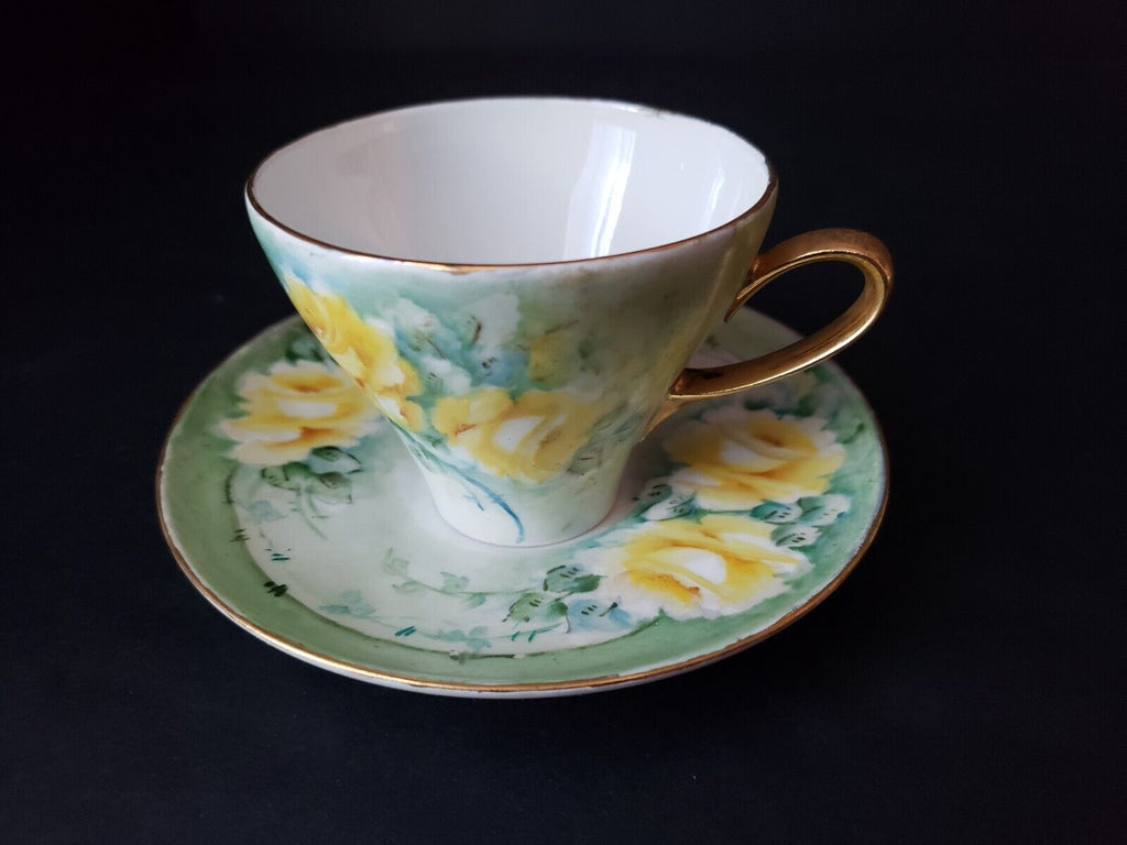1870-1945 Vintage KPM Germany Teacup & Saucer Yellow Rose Green Design (lot 653)