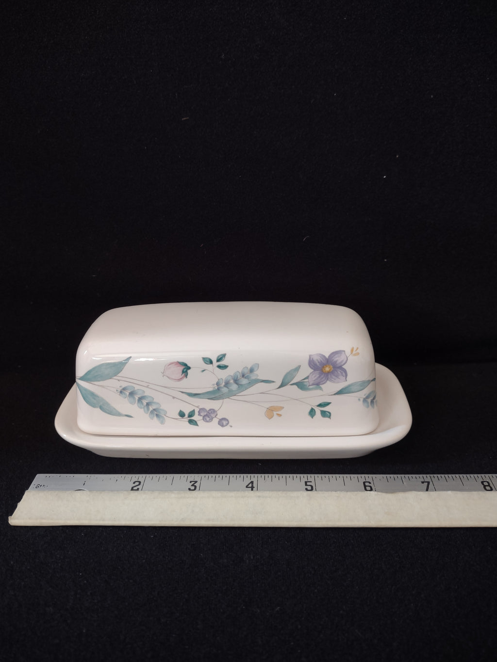 Vintage Pfaltzgraff Covered Butter Dish April Flower Pink Lavender Aqua(Lot 5025