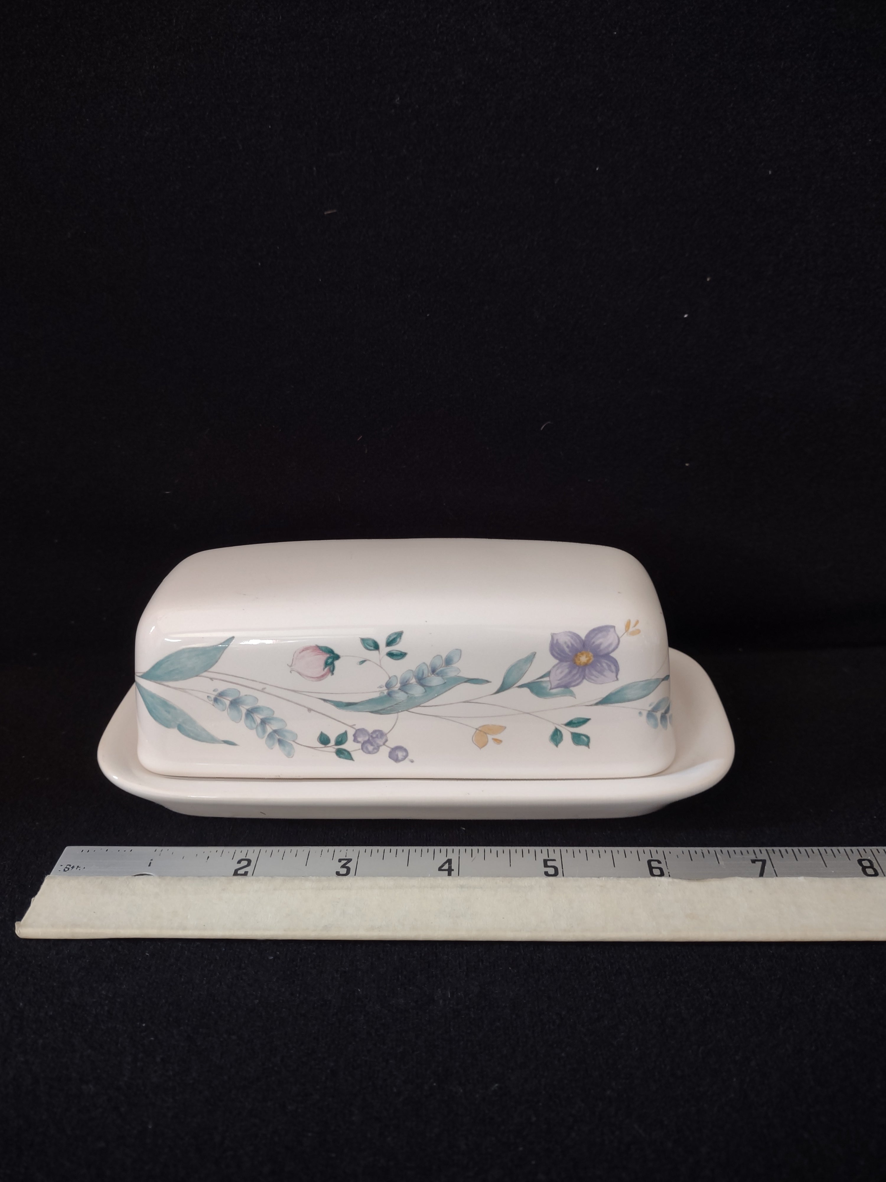 Vintage Pfaltzgraff Covered Butter Dish April Flower Pink Lavender Aqua(Lot 5025
