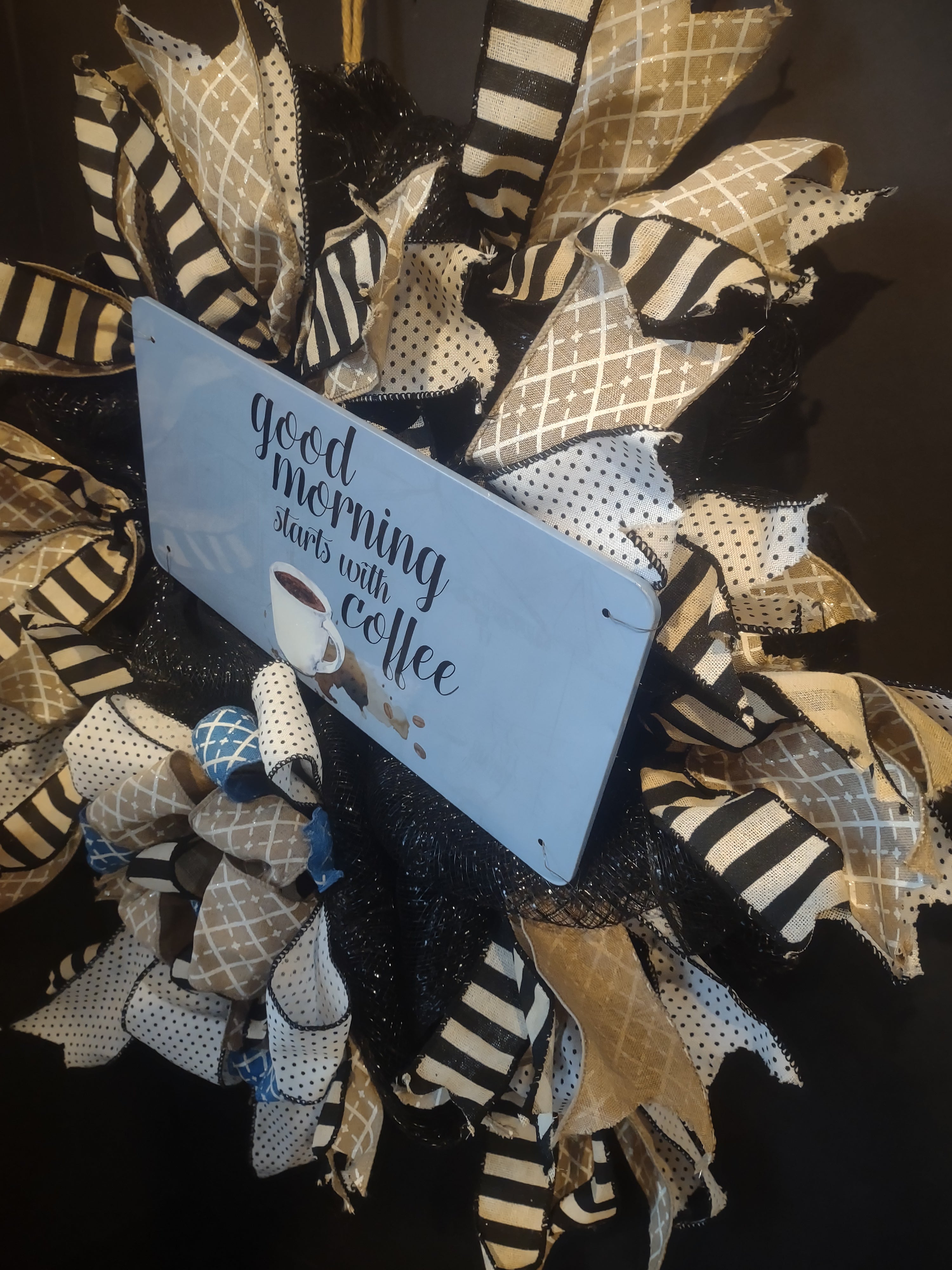 Good Morning Starts with Coffee Wreath Ribbon Mesh Decor Handmade (lot 1408)