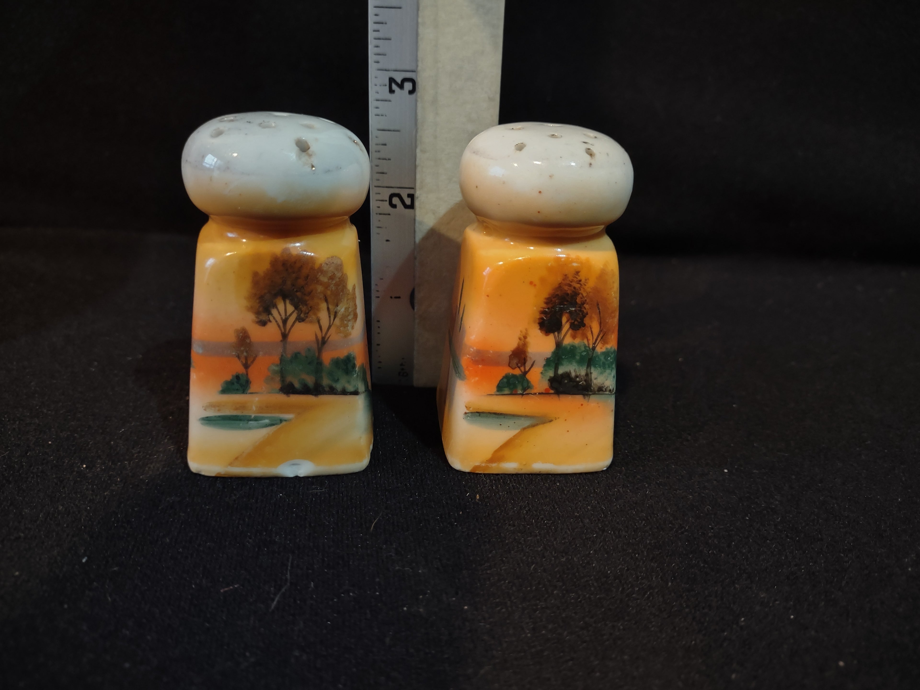 Vintage Japan Ceramic Salt Pepper Shaker Lake Trees Orange IMPERFECT (lot 5371)