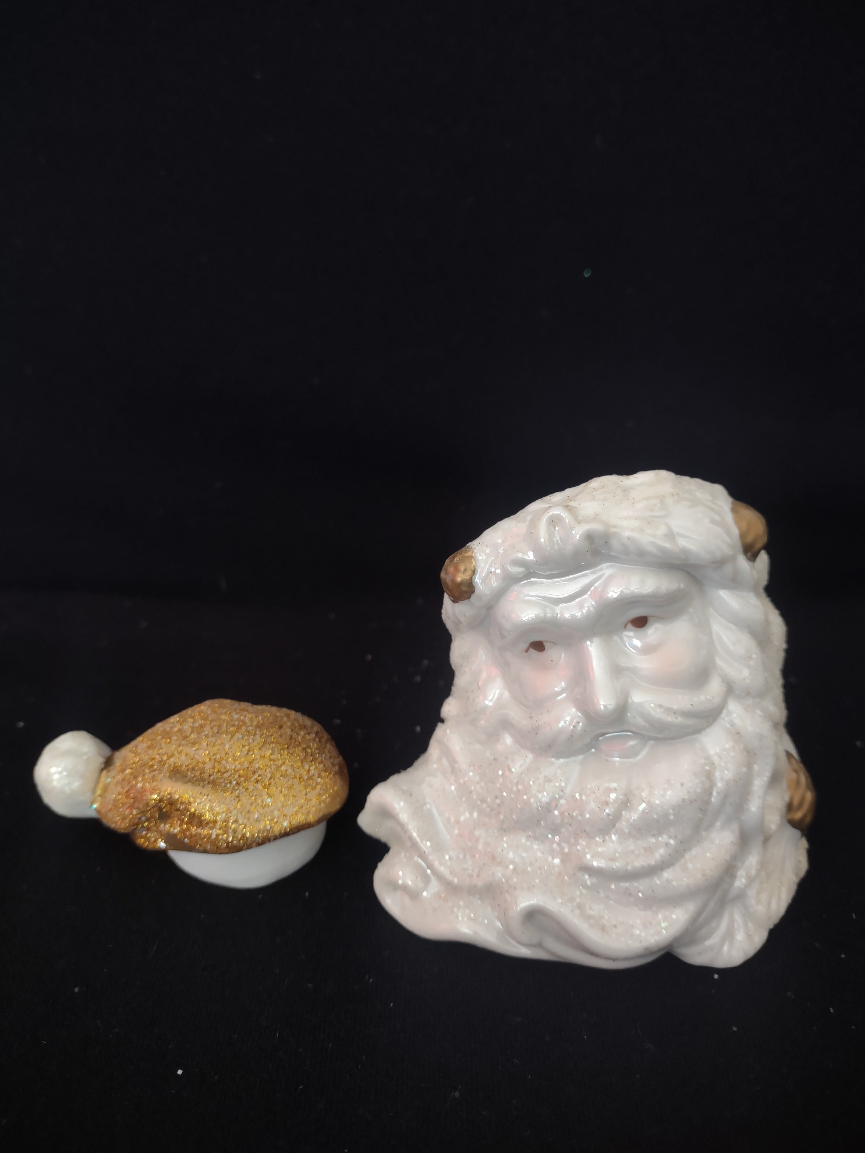 Vintage Ceramic Christmas White Gold Sparkle 3" Santa Cracker Barrel (Lot 4553)