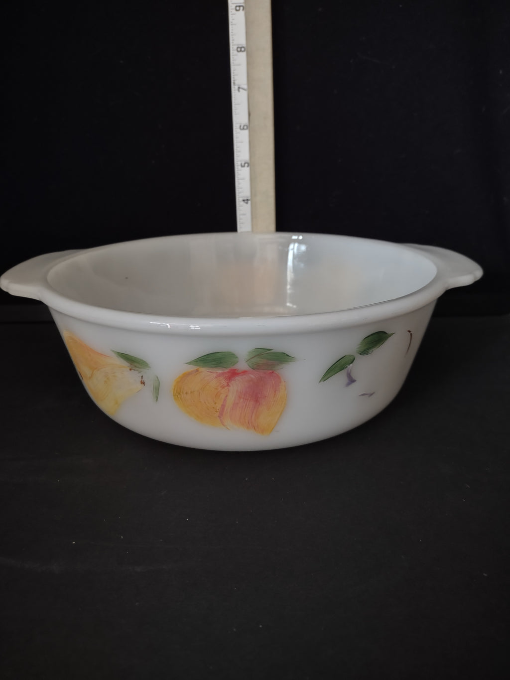 Vintage Fire King 2 Qt Casserole Dish Handpainted Gay Fad Peaches Grapes(Lot5321