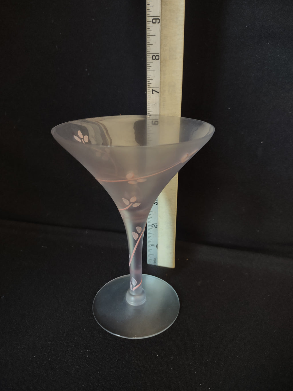 Vintage MCM Frosted Martini Glass Pink Leaves Handpainted (lot 2739)
