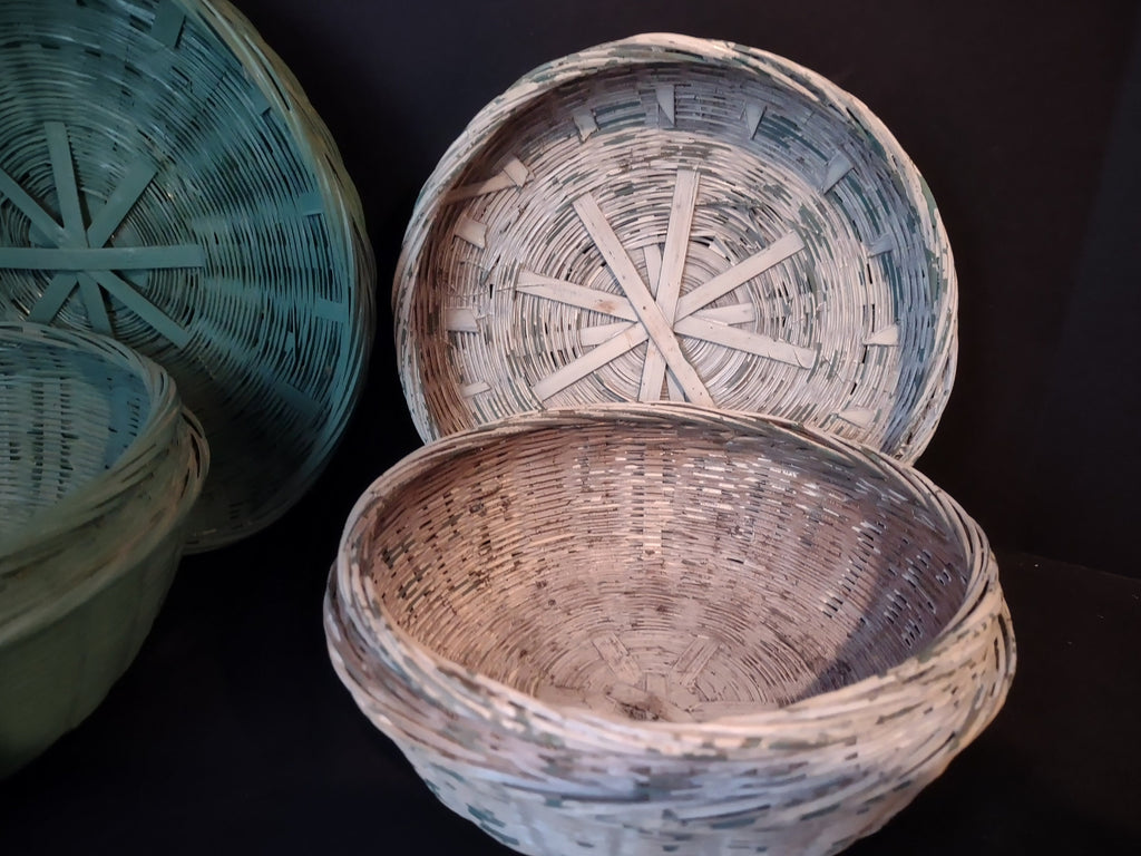 2 x Vintage Wicker Basket Painted Turquoise White Lids Rustic Primitive (1146)