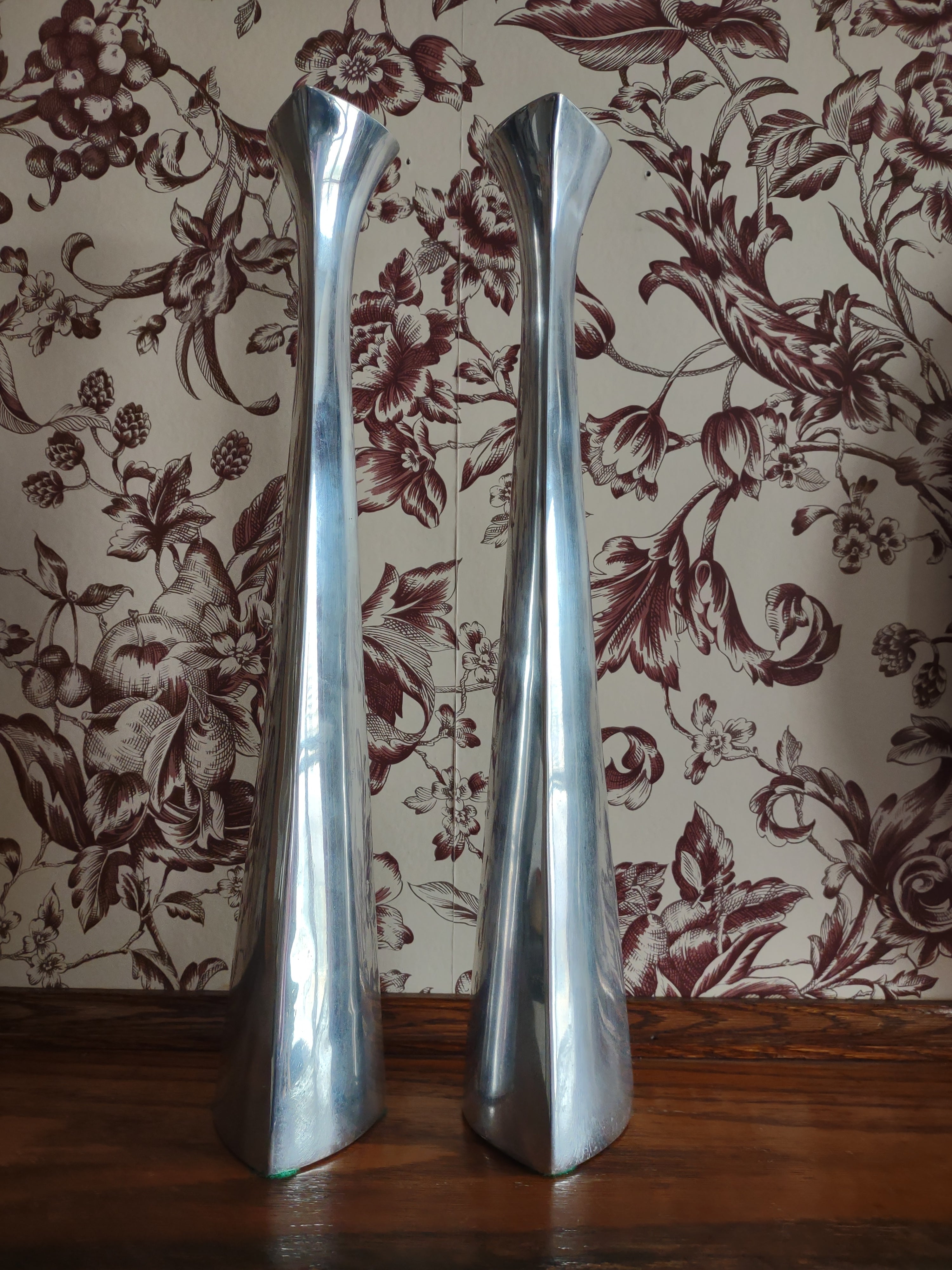 Vintage Mann Pewtertone 14.5" Candle Stick Set Of 2 MCM (Lot 5729)