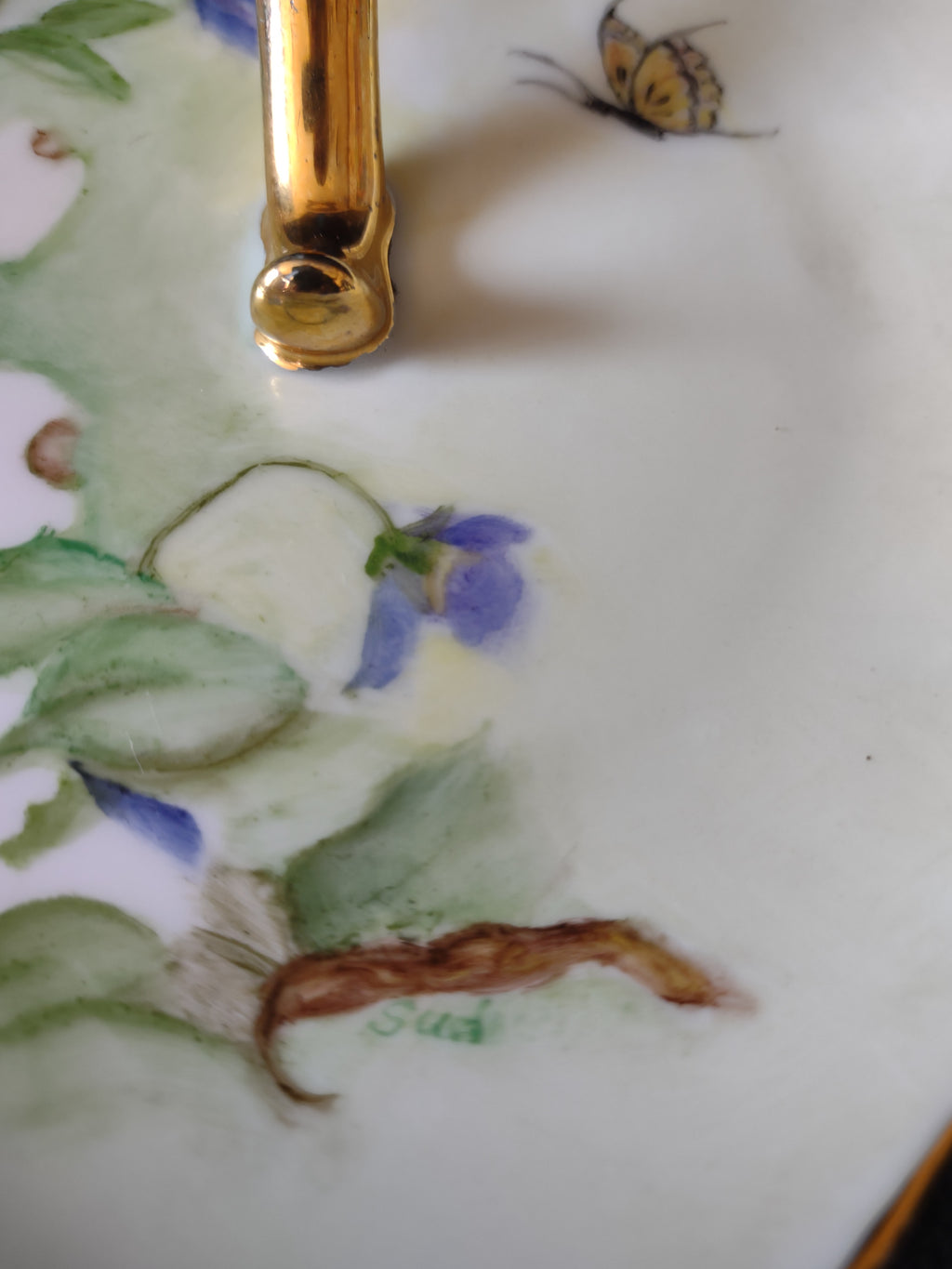 Vintage Lemon Server Gold Handle Flowers Butterfly Hand Painted Sudie (Lot 5093)