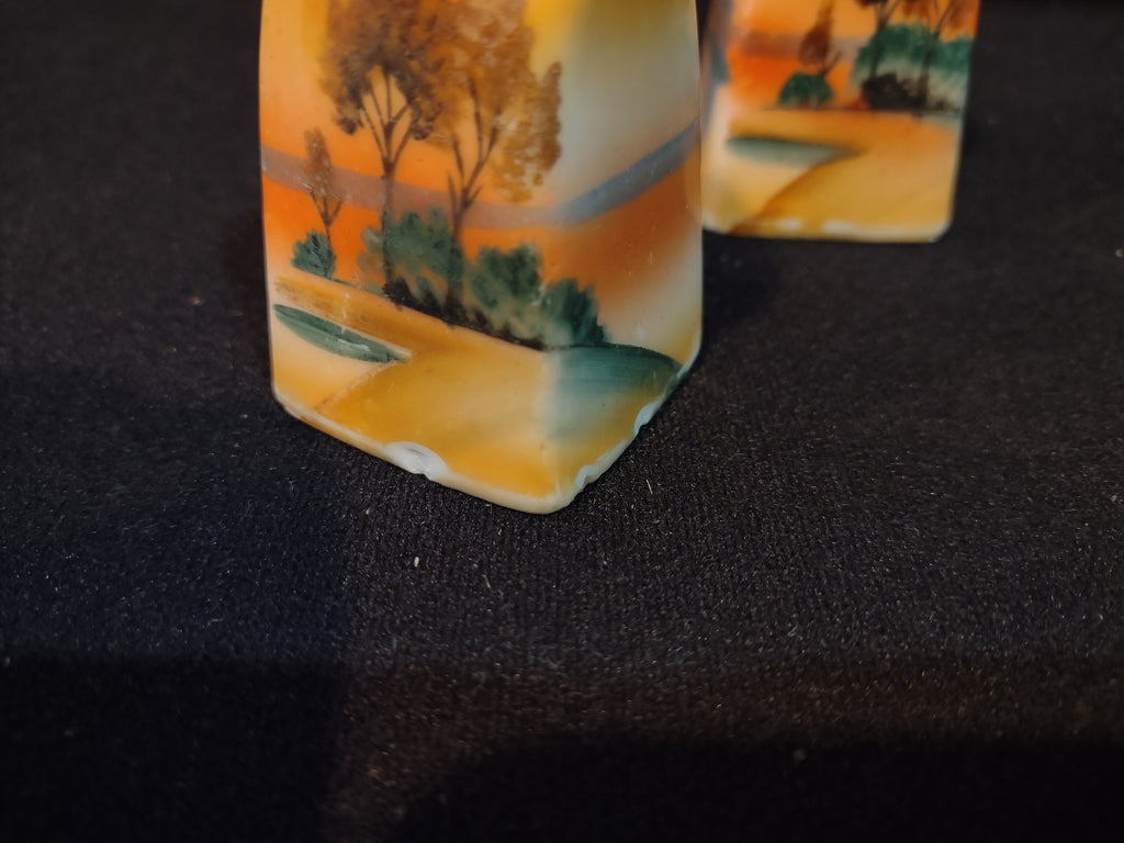 Vintage Japan Ceramic Salt Pepper Shaker Lake Trees Orange IMPERFECT (lot 5371)