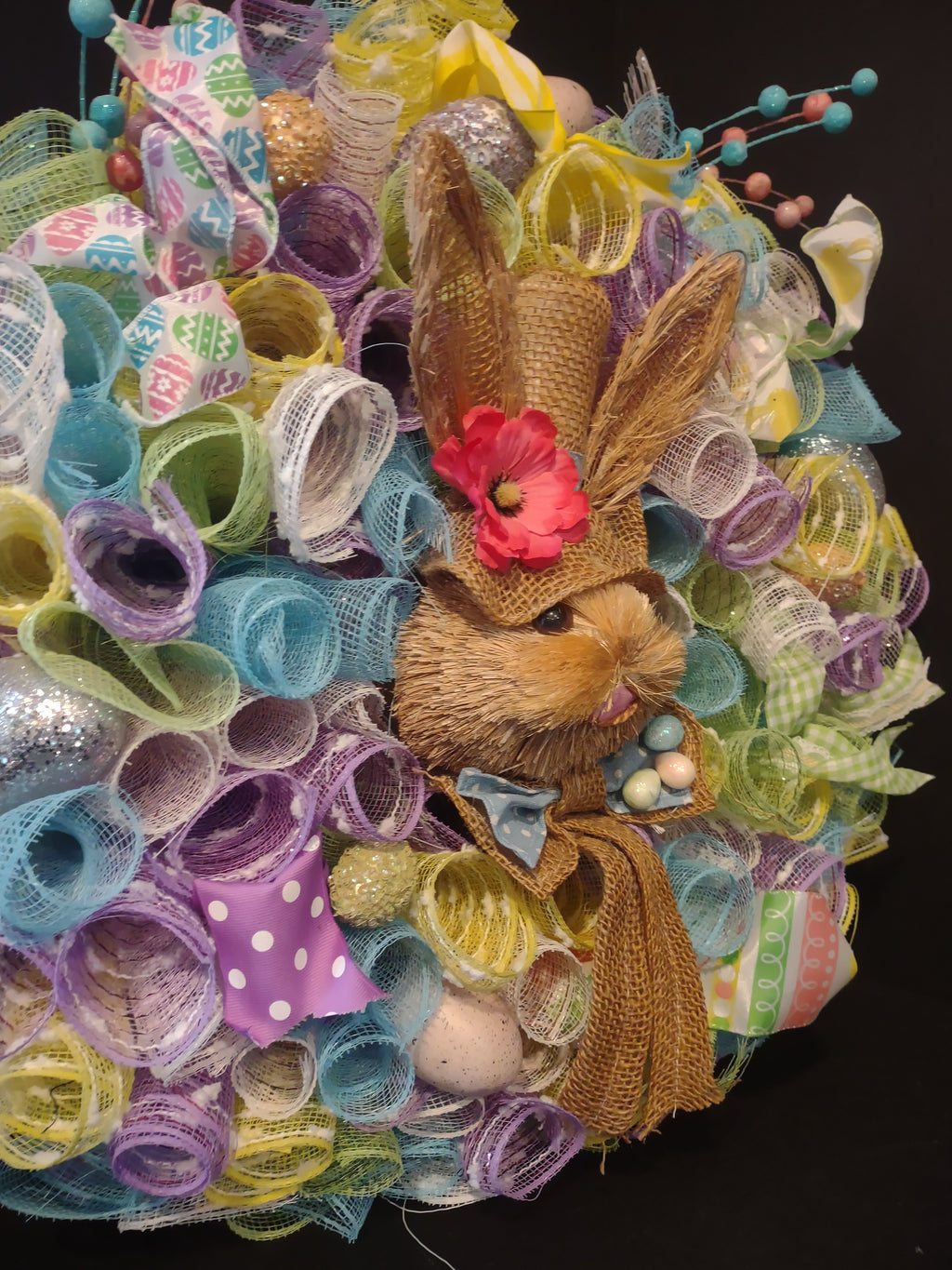 Easter Bunny Spring Mesh Ribbon Wreath Handmade 22" (lot 1400)
