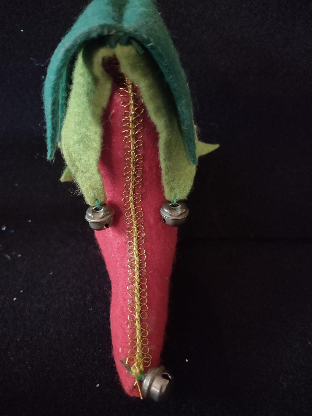 Christmas Elf Shoe Ornament Red Green Felt Bells Gold Trim Set Of 3 (Lot 4593)