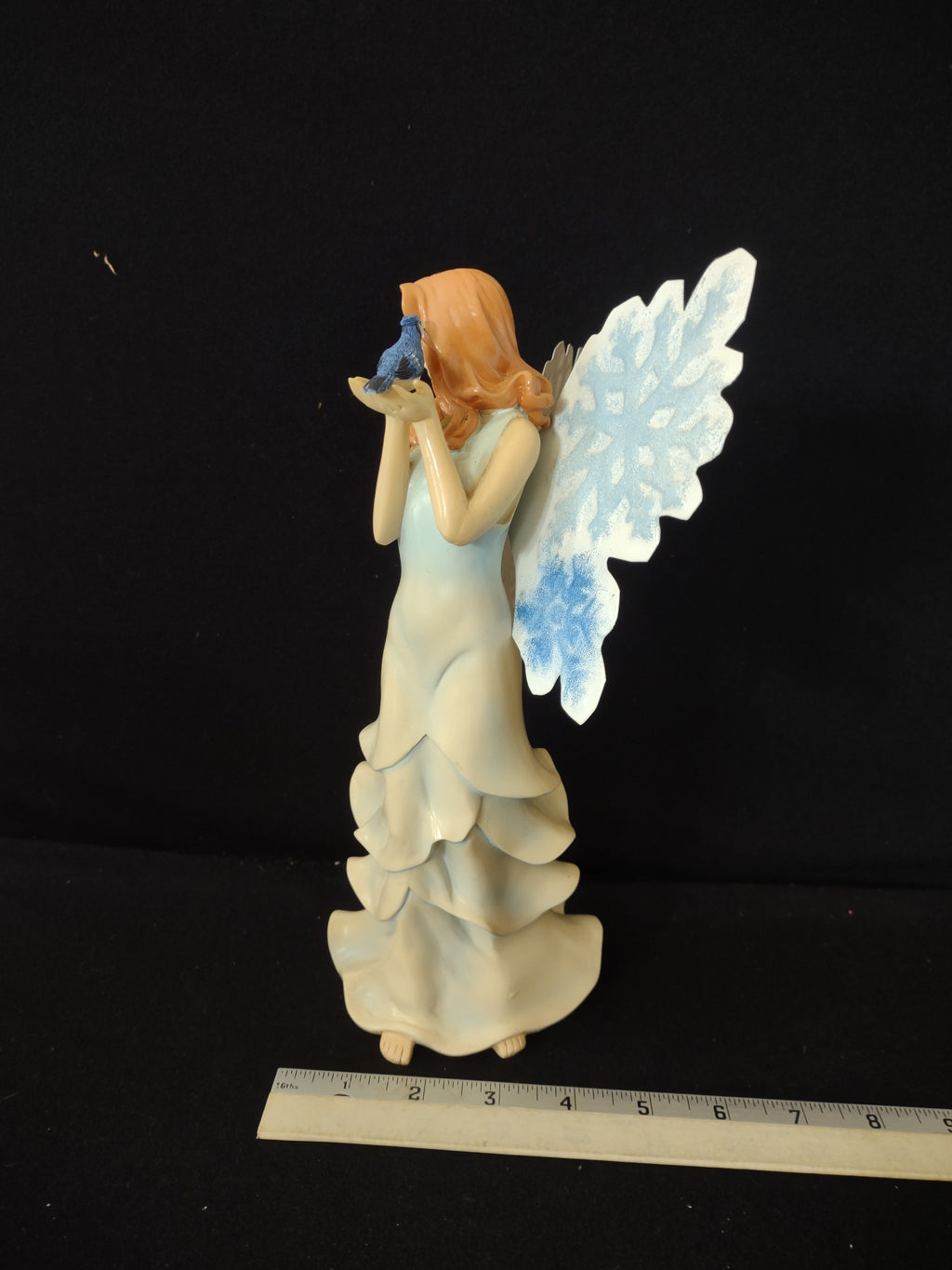 Vintage Angel Figurine Flowing Robe Blue Snowflake Wings Blue Bird (Lot 3889)