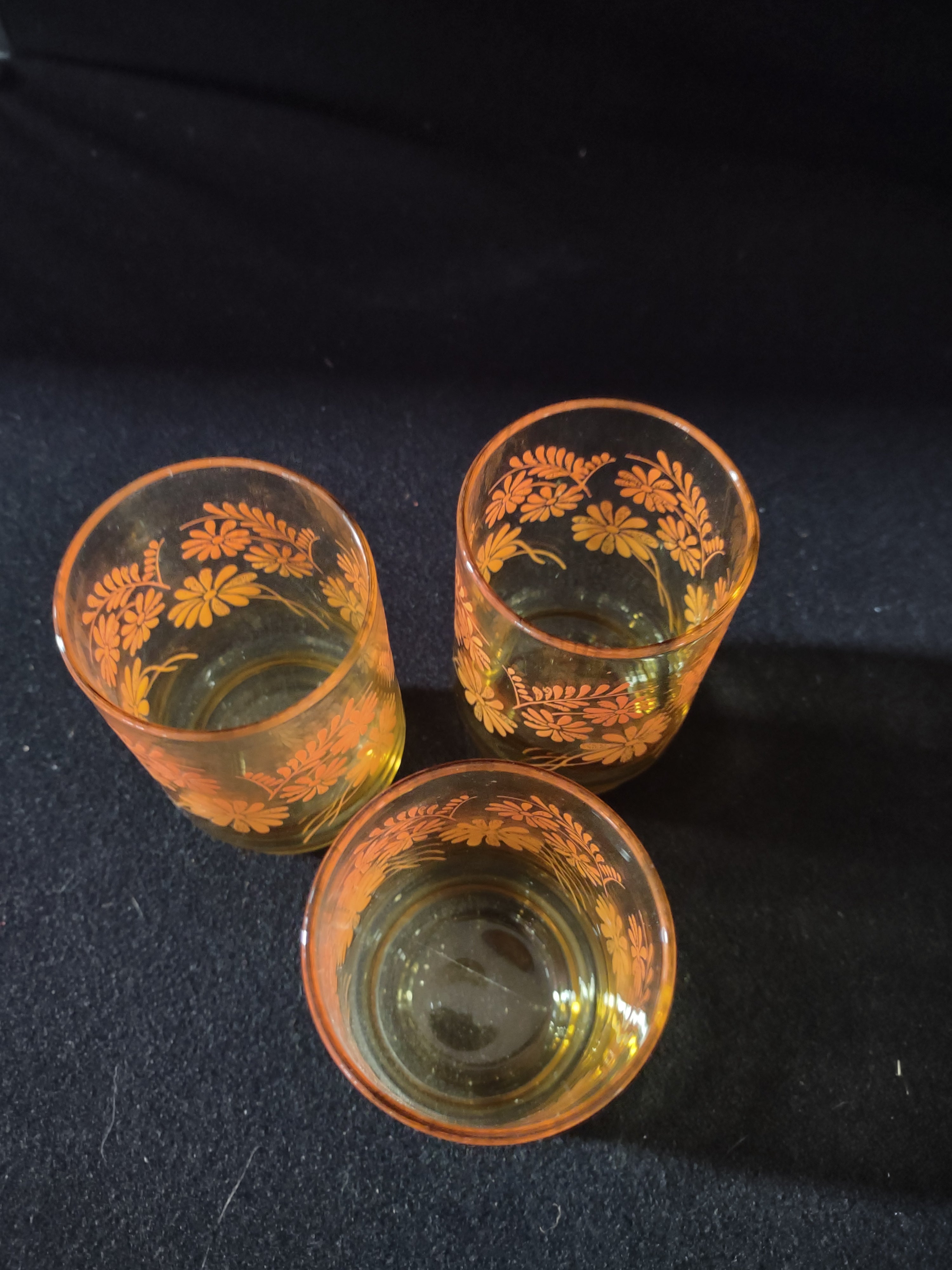 Vintage MCM Libbey Amber Glass Orange Daisy Juice Glass Set Of 3 (Lot 5144)