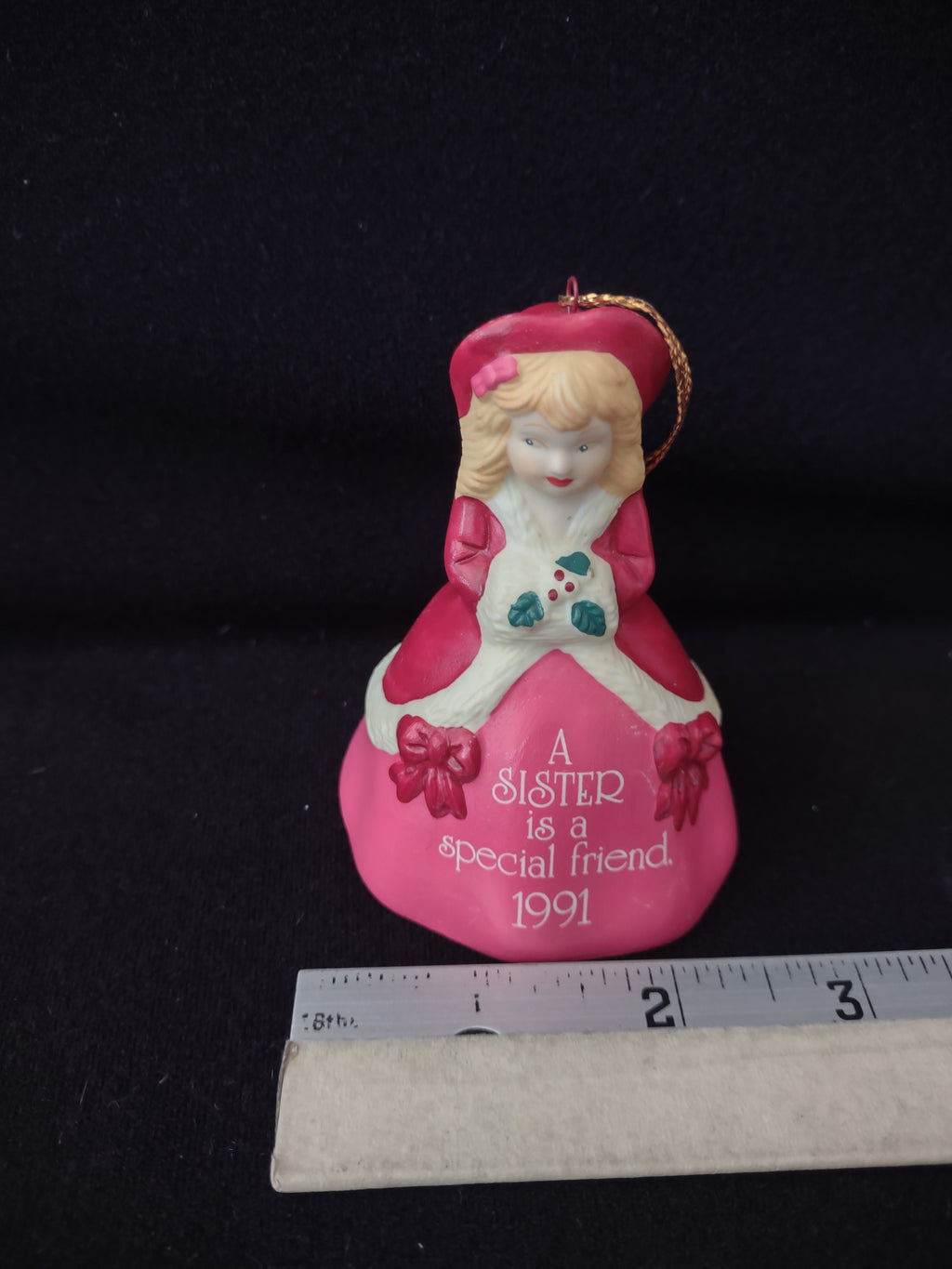 Vintage 1991 Special Sister Christmas Bell Ornament Red Coat Bows Holly (Lot4171