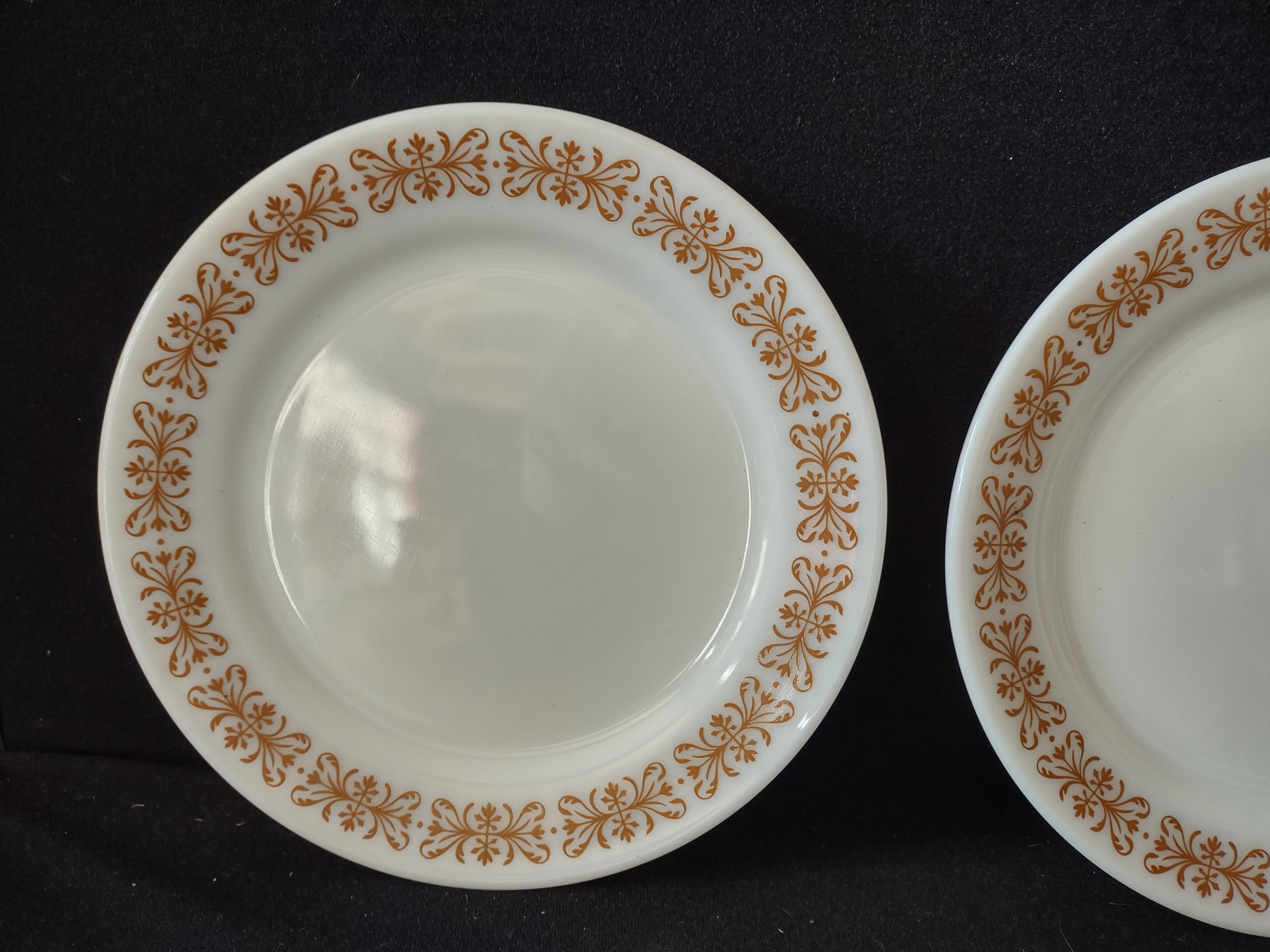 Vintage Pyrex Milk Glass USA Copper Filigree 8" Salad Plate x 2 (lot 5208)
