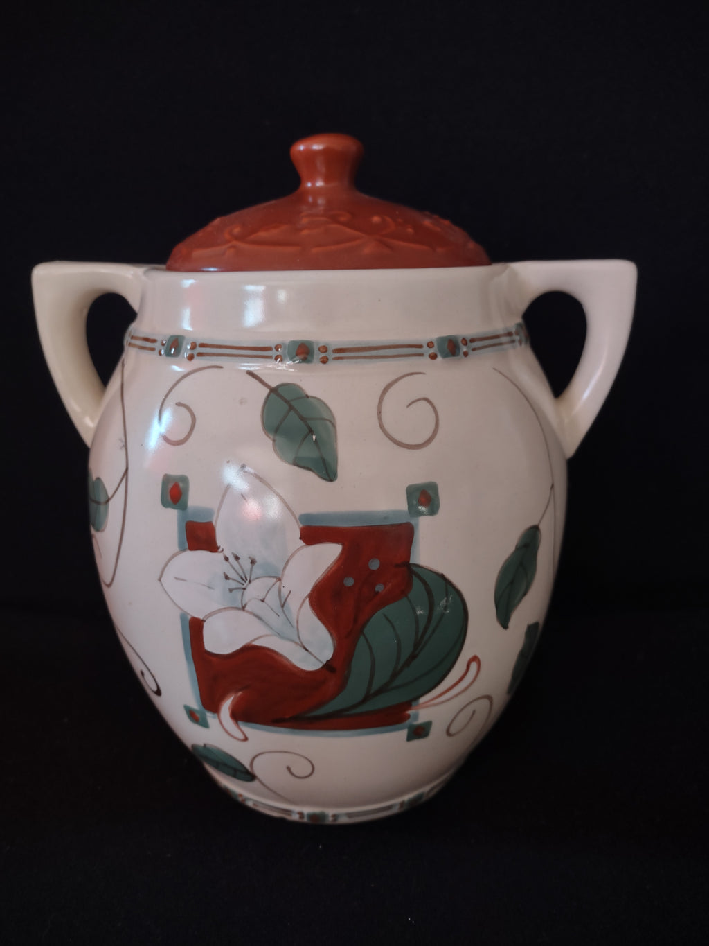 Vintage Pfaltzgraff USA 8-1/2" Tall Canister Cookie Jar Mission Flower (lot 5273
